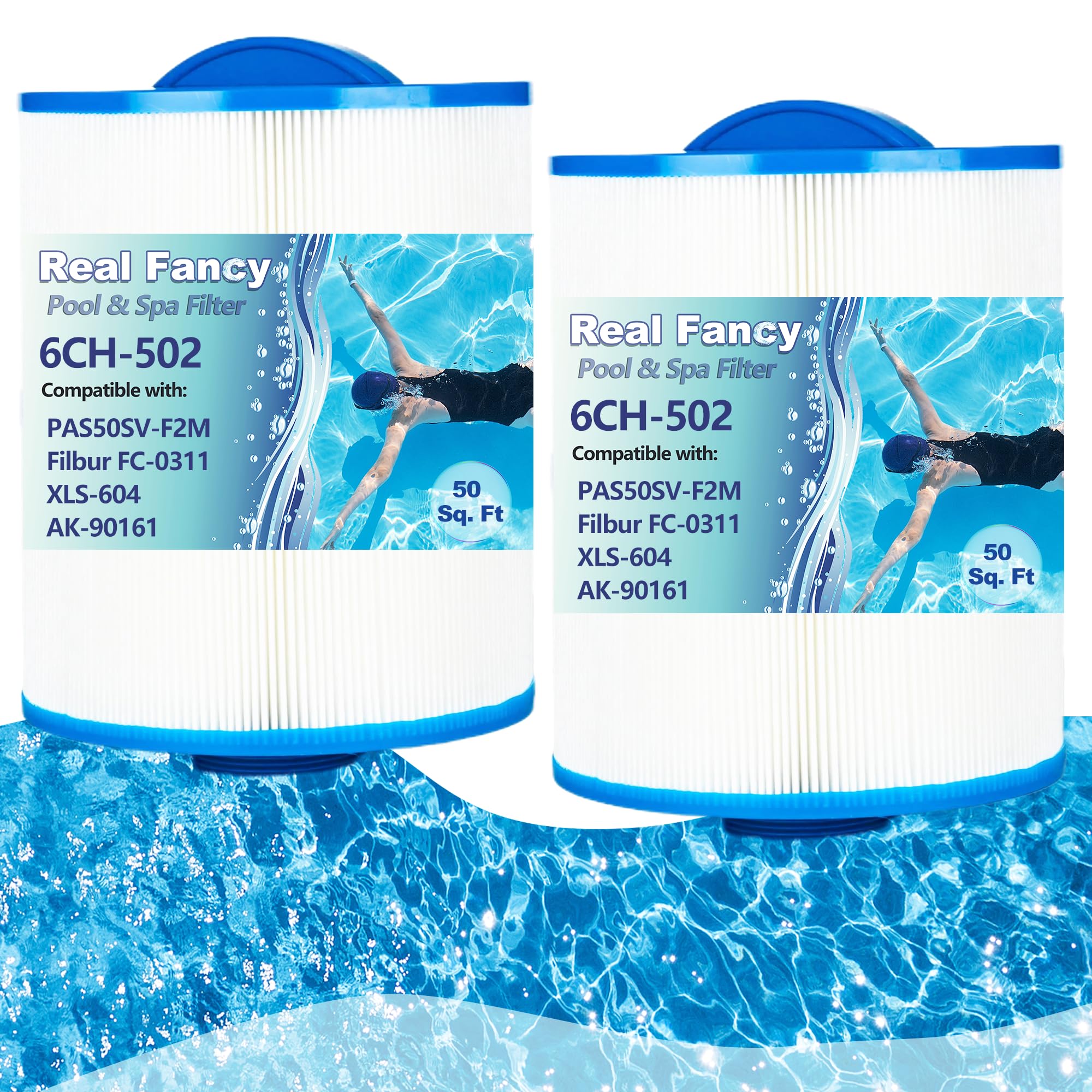 Real Fancy Hot Tub Spa Filter Replacement Cartridge 2 Pack Replace Artesian Spas, Tidal Fit Swim 06-0006-12, 06-0005-12, AR50, AK-90161, XLS-604, 6CH-502, PAS50SV-F2M, FC-0311, 50 Sq.ft.