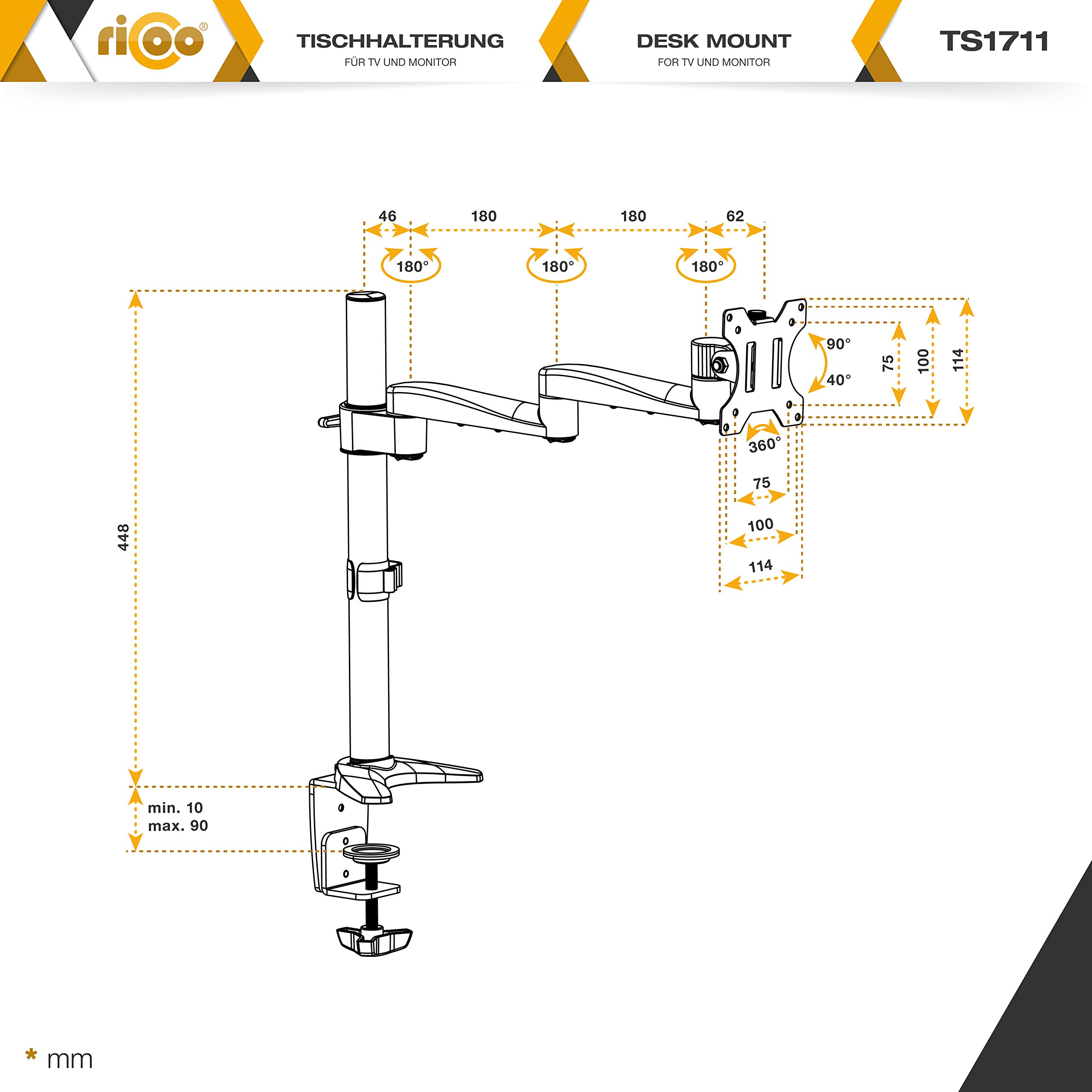 RICOO TS1711 Supporto monitor da scrivania 13-32 pollici per 13 32 pollici girevole inclinabile fino a 8 kg max VESA 100x100