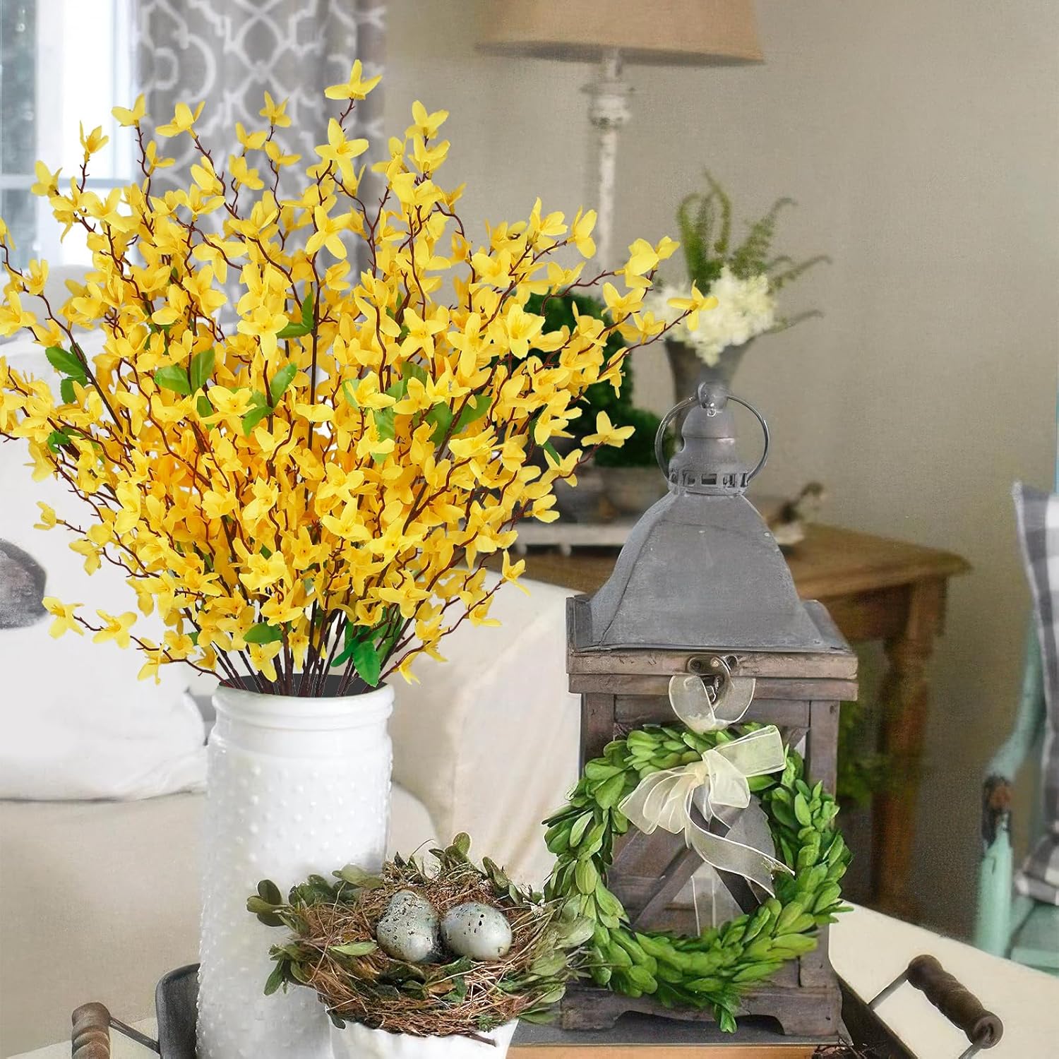 2 Pcs Artificial Forsythia Branches Yellow Silk Spring Flowers Artificial Orchids Flowers Fake Jasmine Faux Forsythia Stems for Home Wedding Indoor Outdoor Party Table Floral Arrangement Decor - Image 3