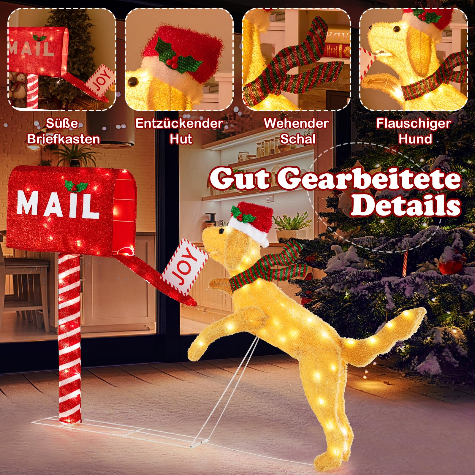 COSTWAY beleuchteter Weihnachtsdackel mit Briefkasten, 108 cm Weihnachtsdeko mit 20 warmweißen LED-Leuchten, Weihnachtsfigur wetterfest, Weihachtsdeko, Weihnachtsbeleuchtung XXL für Innen & Außen