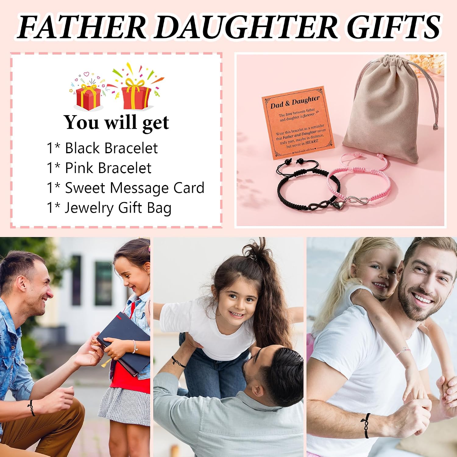 Matching Bracelets for Dad Daughter Mother Son, 2PCS Adjustable Heart Bracelets for Birthday Fathers Gift