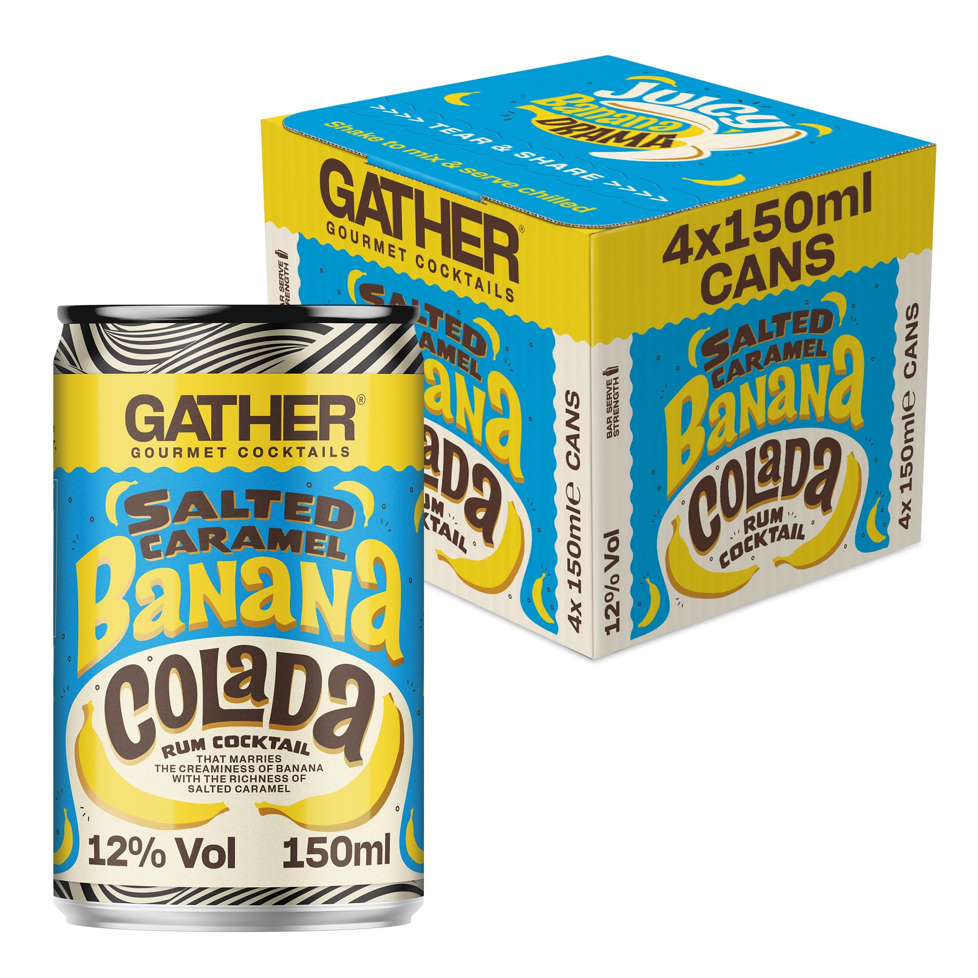 GATHER Salted Caramel Banana Colada | 4 x150ml Canned Cocktails | Ripe Banana, Salted Caramel White Rum | 12% ABV | Vegan and Allergen Free | Cocktail Pack