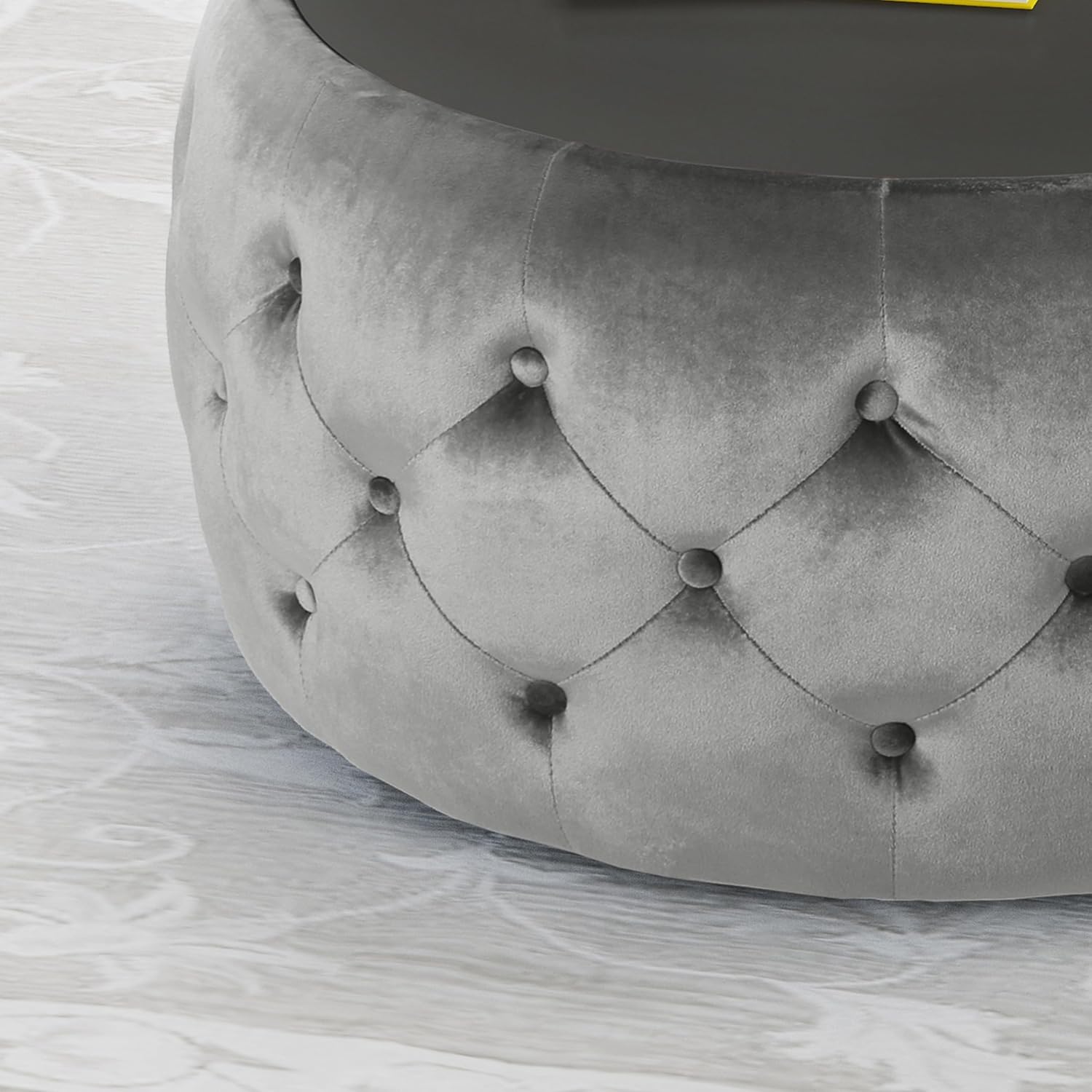 30" Round Velvet Ottoman Coffee Table, Button Tufted Coffee Table with Tempered Glass Top Modern Upholstered Tufted Velvet Cocktail Center Table for Living Room, Fully Assembled (Gray)