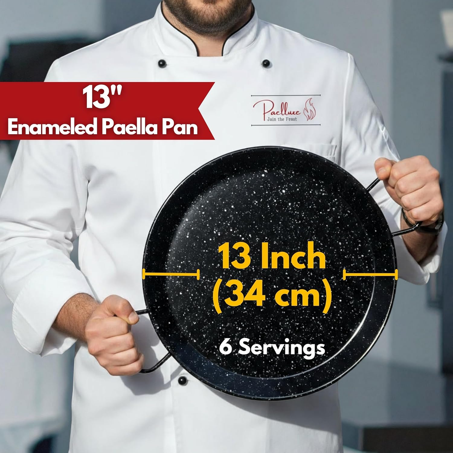 paella pan â€“ enamelled, no-rust steel skillet â€“ easy-to-clean pan for propane & gas burners â€“ indoor & outdoor cooking cacerola paellera sarten â€“ 13 inch, for 6 servings