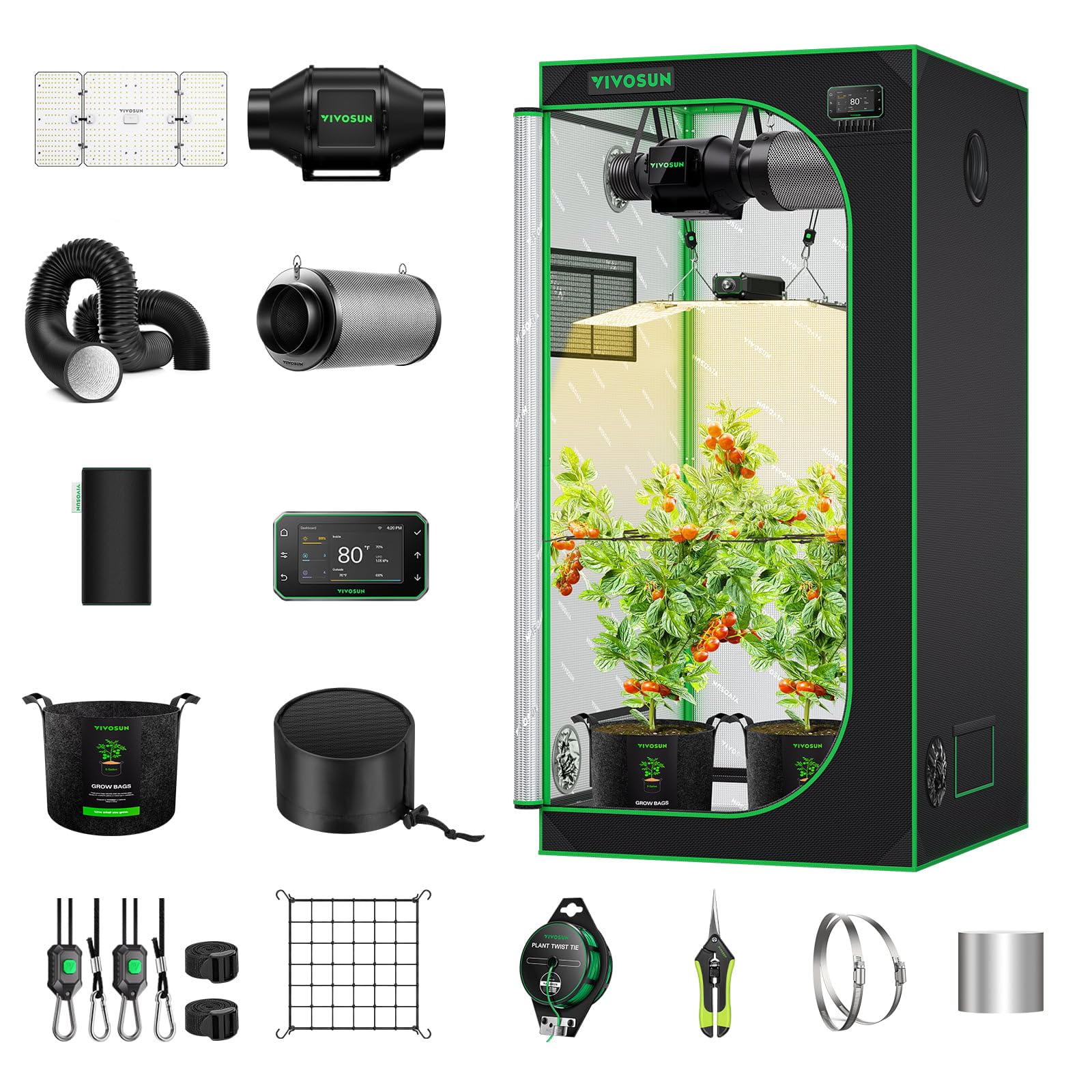VIVOSUN Tenda di Coltivazione Set Completo Sistema Smart 90x90x180cm, WiFi con Ventilazione e Circolazione Automatiche, Lampada LED Crescita 200W a Spettro Completo e Controllore GrowHub E42A+