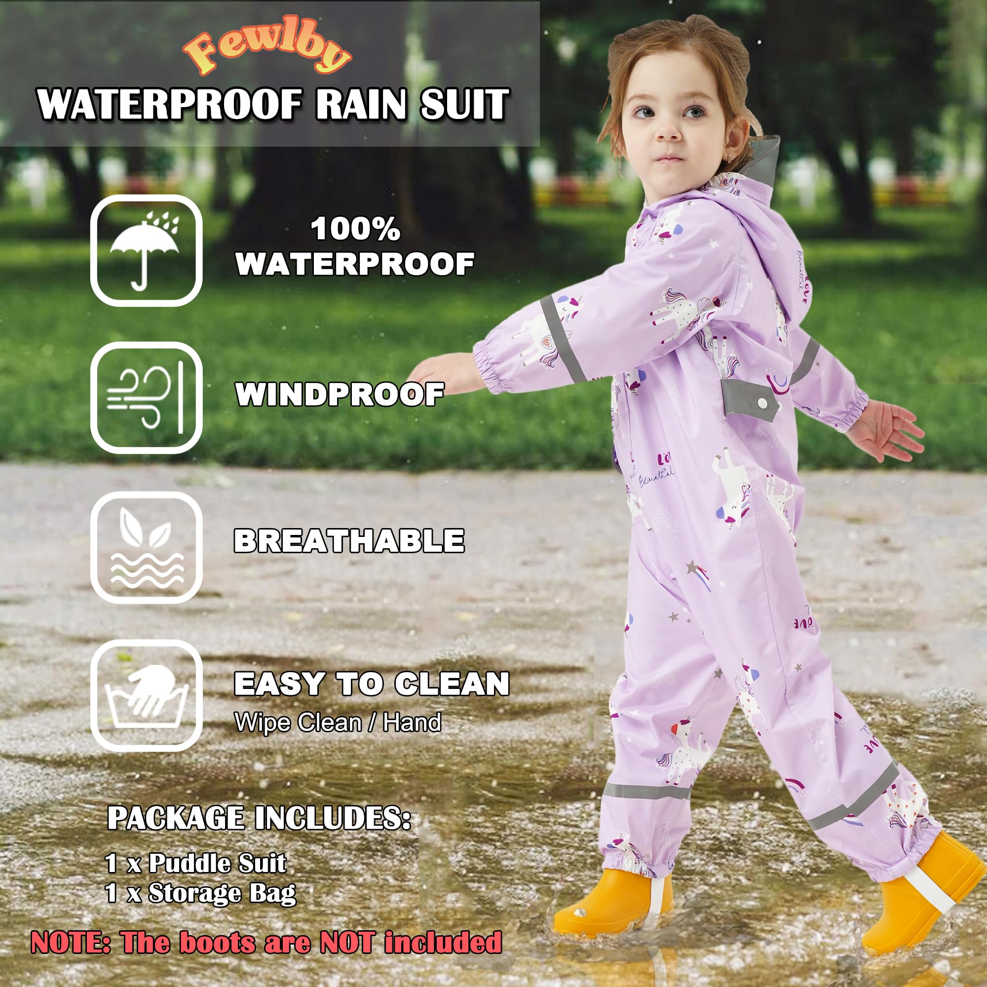 Fewlby Chubasquero Niñas Traje Impermeable, Chaqueta de Lluvia Poncho con Capucha Niños Traje de Lluvia Abrigos Impermeables Reutilizable Mono Impermeable 1-10 Años