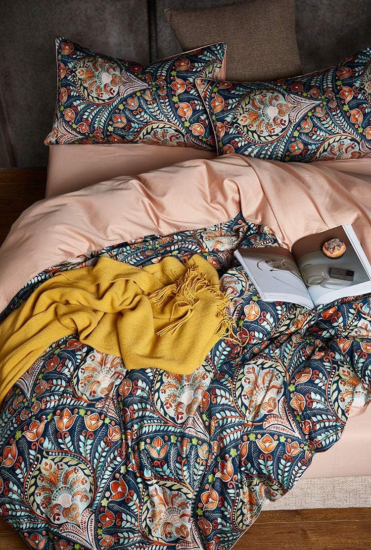 Eikei Home Damask Medallion Luxury Duvet Quilt Cover Boho Paisley Print Bedding Set 400 Thread Count Egyptian Cotton Sateen Vibrant Bohemian Pattern (Blue Orange, King)