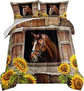 HOSIMA Farm Horse Comforter Set with 2 Pillowcases,Brown Wood Grain Print Queen Comforter Set for Adults Teens Boys Girls Sunflower Animal Bedding Country Farmhouse Room Decor Aesthetic.