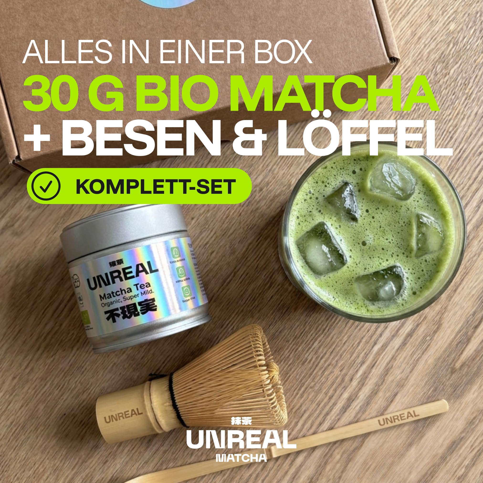 UNREAL® Bio Matcha Set Japan – 30g Ceremonial Matcha Pulver mit Bambusbesen & Bambuslöffel – Matcha Starter Set in Geschenkbox – Japanischer Grüner Tee für cremigen Matcha Latte inkl. Zubehör