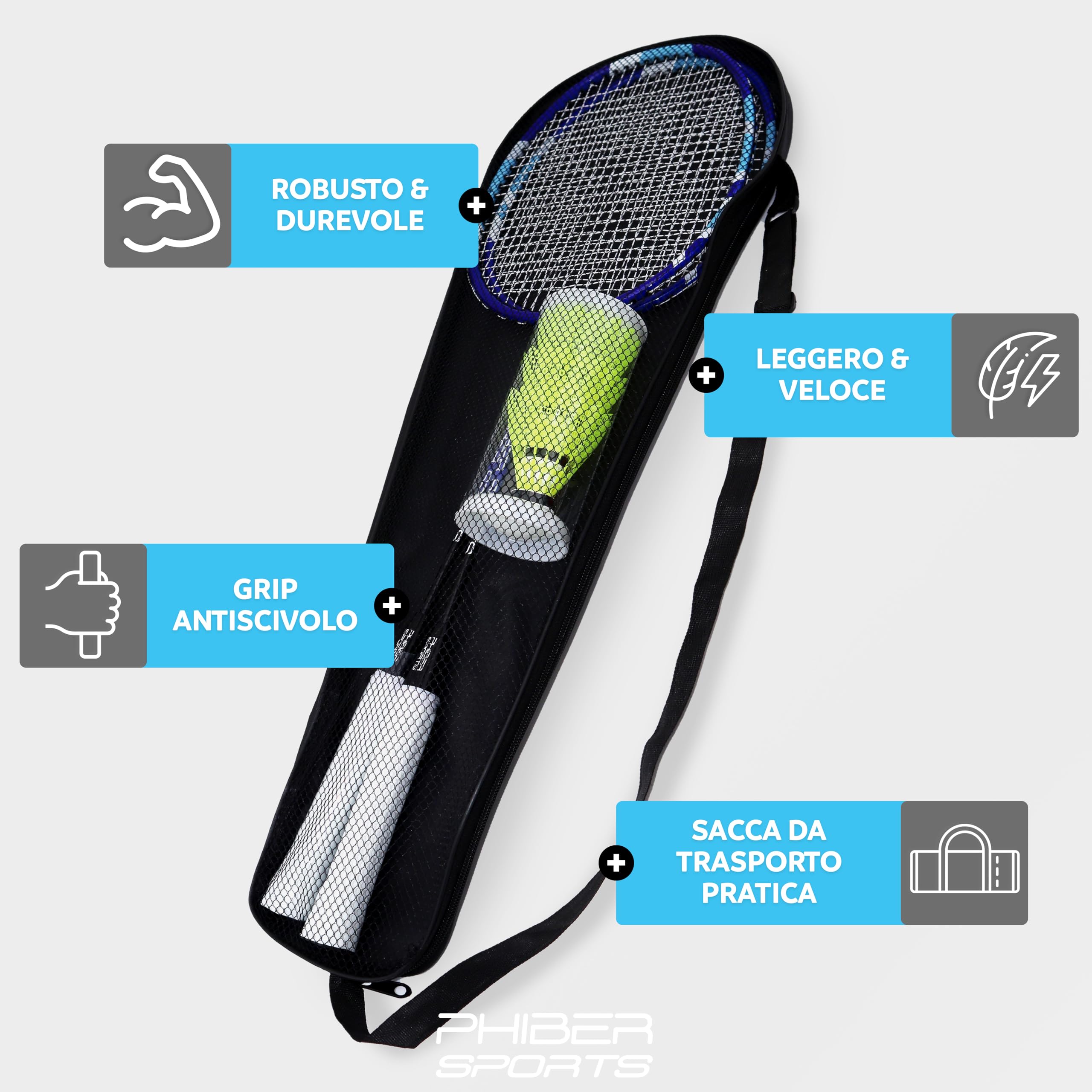 PHIBER-SPORTS Set di racchette da badminton – 2 racchette da badminton + 3 volani + borsa – Robusto set di volani per giardino e parco – ideale per principianti e professionisti (set di racchette da