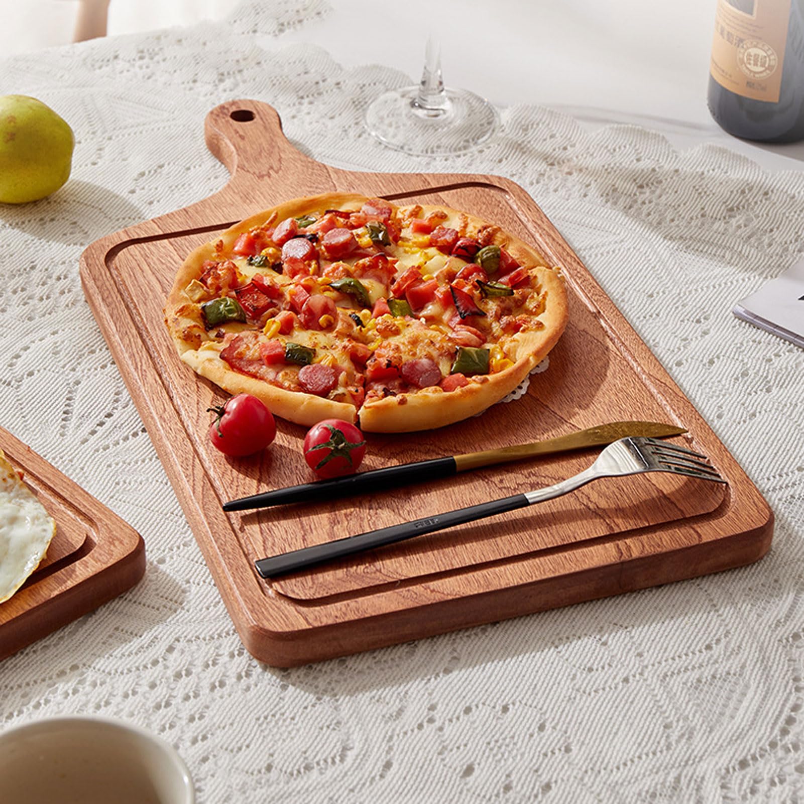 MRKU Bandeja de Madera con asa para Servir Pizza, Filete, Borde Elevado, Ideal para Fiestas, cenas y desayunos.