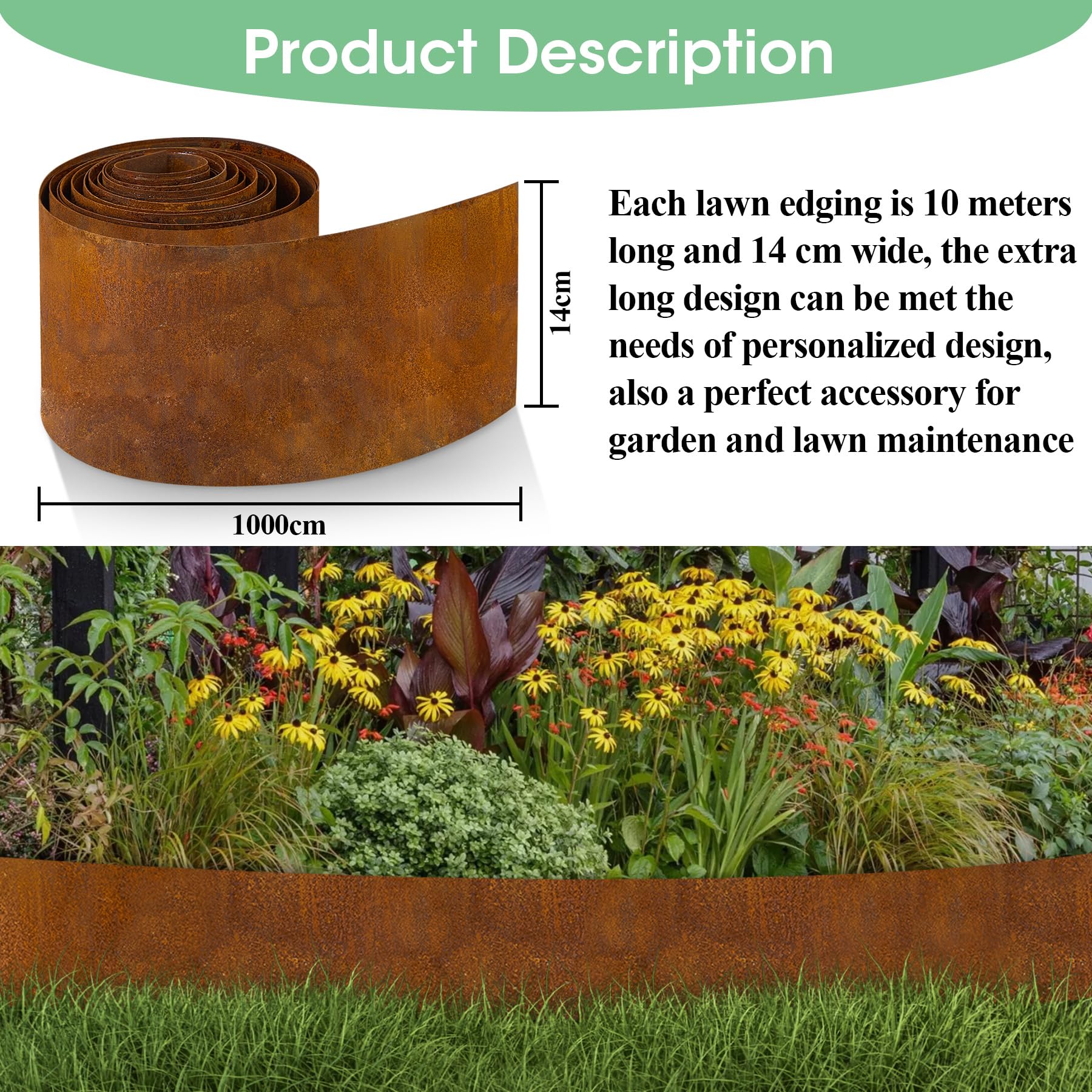 Vehipa Garten Rasenkante aus Cortenstahl für Garten, 5m x 20cm Cortenstahl Rasenkante Rasenkantenband mit Rost, Corten-Stahl Rasenkanten Beeteinfassung für Lawn Dekoration, 1 Paar Handschuhe inklusive