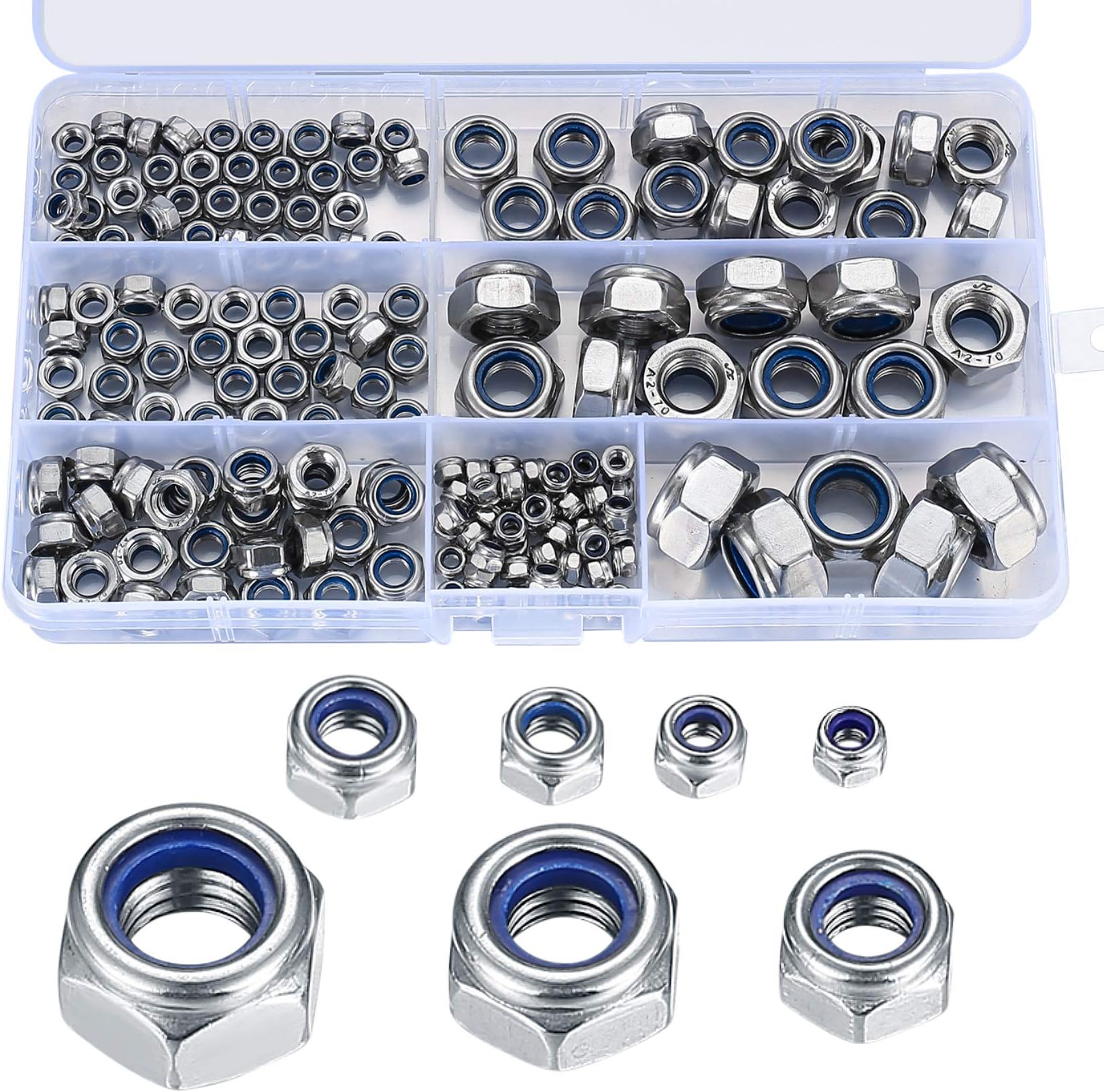 165 Pcs Locknut Assortment, Stainless Steel Lock Nuts, M3 M4 M5 M6 M8 M10 M12 Threaded Inserts Hex Nut Set, Assorted Nylon Locking Nuts