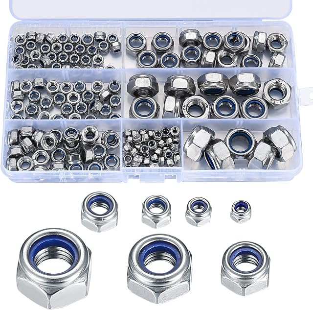 165 Pcs Locknut Assortment, Stainless Steel Lock Nuts, M3 M4 M5 M6 M8 M10 M12 Threaded Inserts Hex Nut Set, Assorted Nylon Locking Nuts