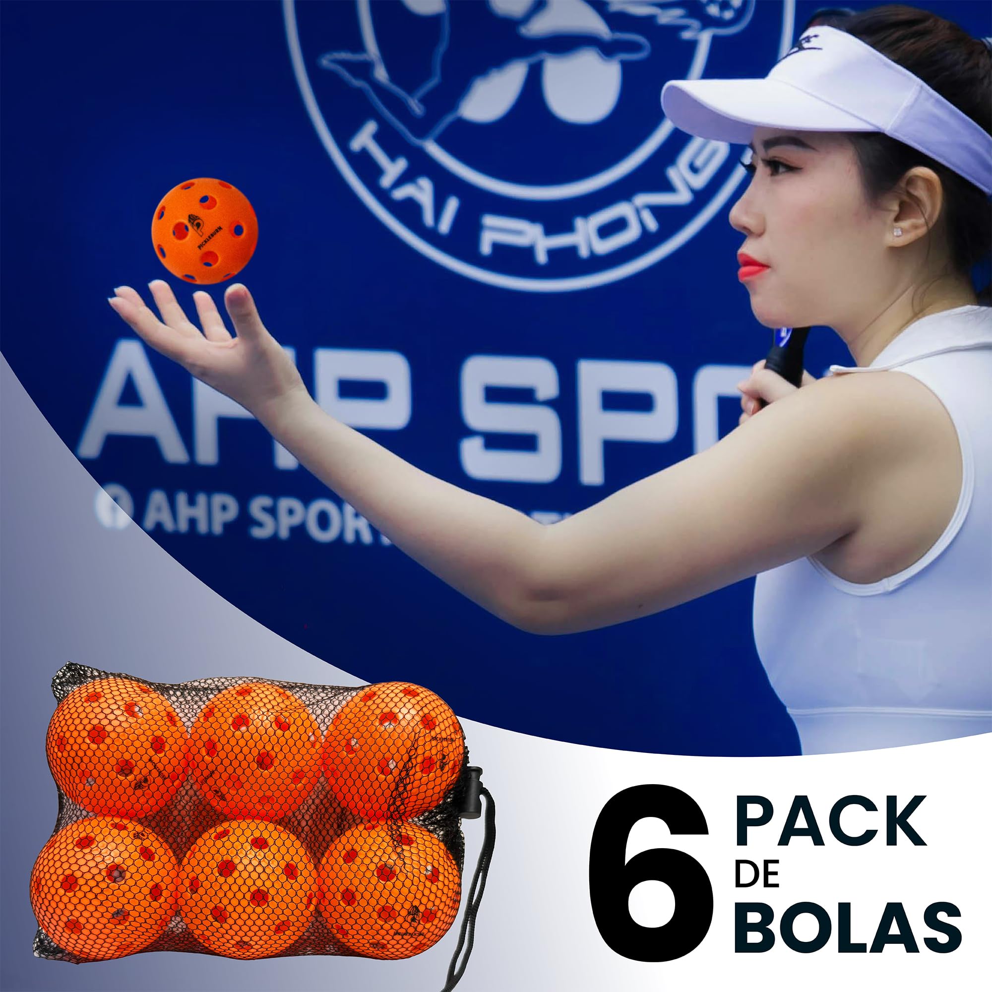 BurnCourt 40 - Bolas Pickleball Naranja Neón Pack de 6 Pelotas para Juego Exterior Outdoor 40 Agujeros Rebote Alto y Preciso con Bolsa y Pickers para Todos los Niveles