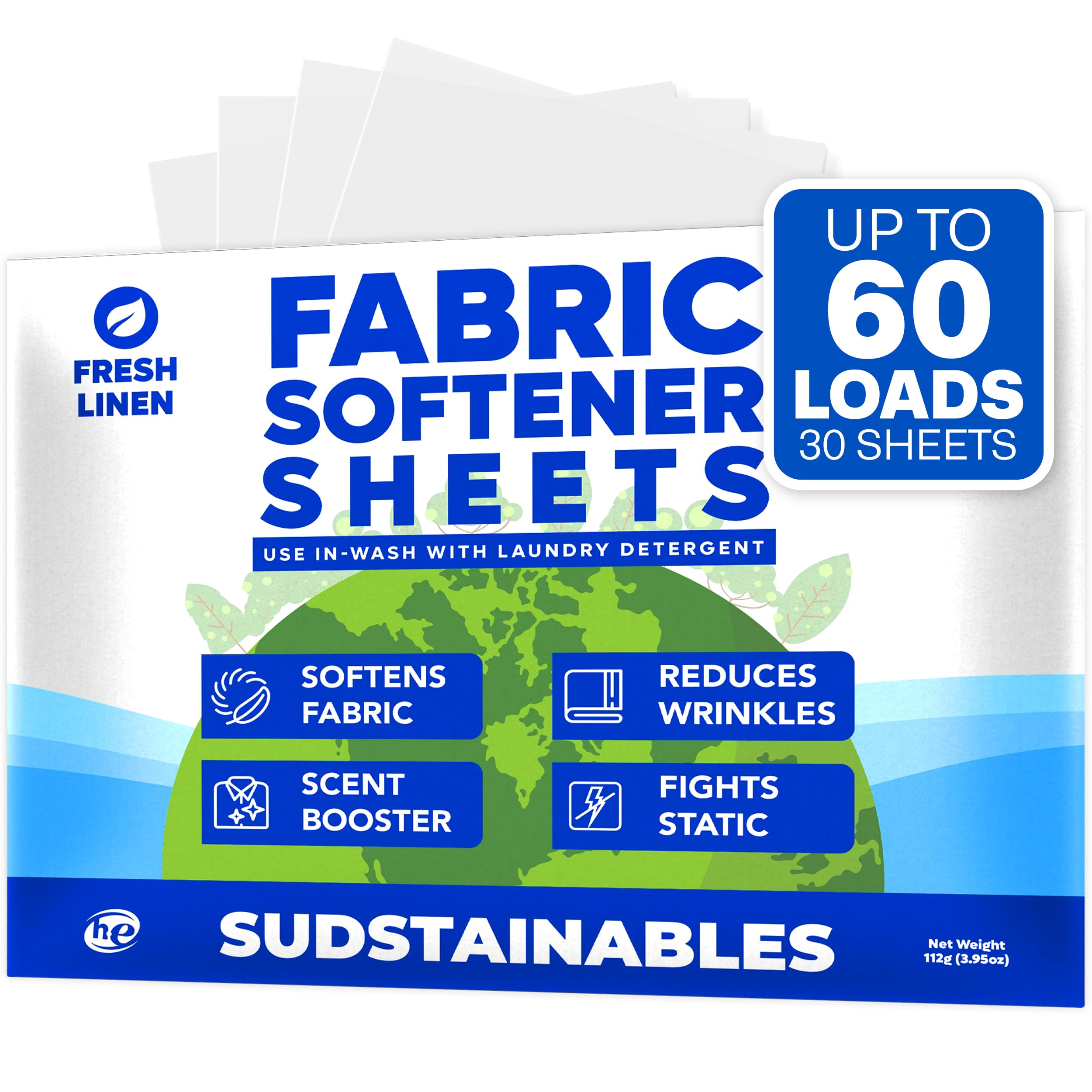 Sudstainables Fabric Softener Sheets for Washer, Fresh Linen, 60 Loads
