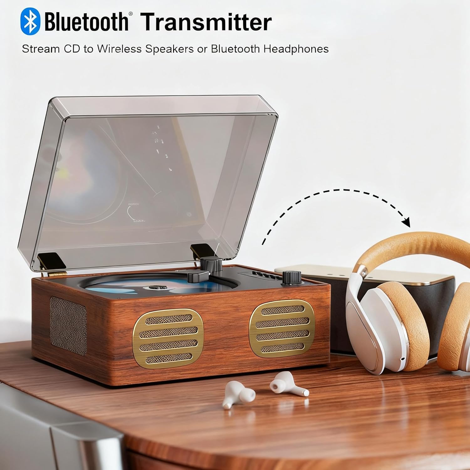 CD Player Portable, Rechargeable Bluetooth CD Players with Speakers, AUX-in, Headphone Jack, USB Mode, Small CD Player for Home, Red Teak(No Remote Control)