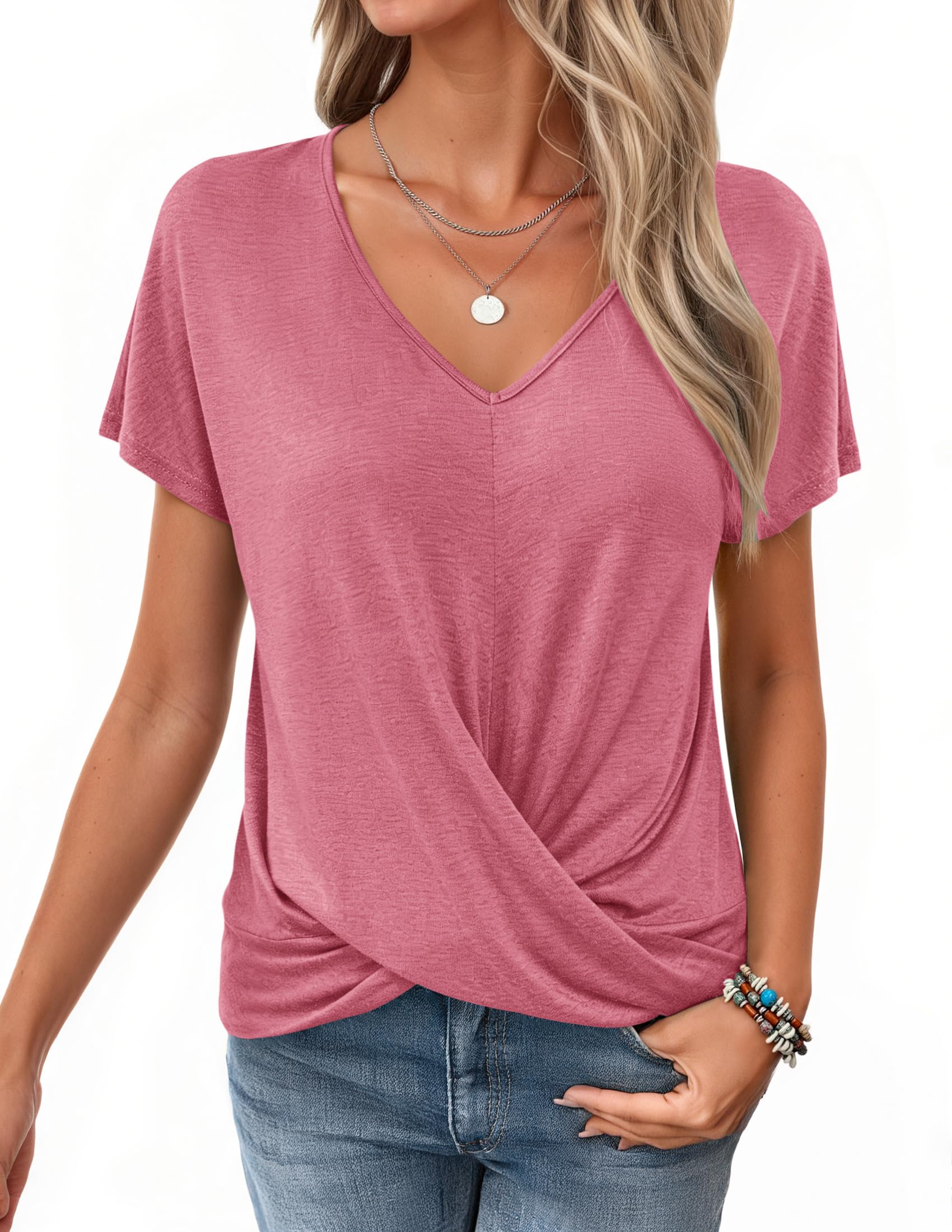 WNEEDU Tshirt Damen Sommer-V Ausschnitt Kurzarm T-Shirt Damen Elegant Twist Front Oberteile Bluse Basic Top lässige