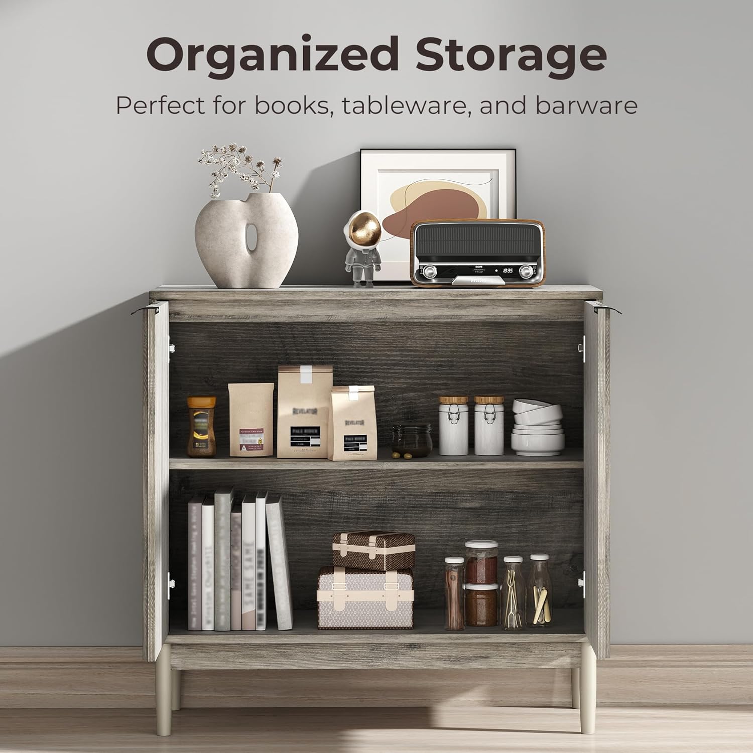 Fluted Cabinet with Storage, Buffet Cabinet Sideboard with 2 Doors, Grey Buffet Storage Accent Cabinets with Adjustable Shelves for Living Room, Entry, Hallway, Kitchen