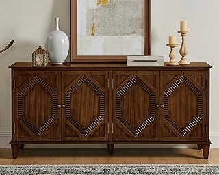 LKTART 65" Mid Century Sideboard Buffet Cabinet with Solid Wood Legs,Accent Storage Cabinet Credenza with 4 Doors for Living Room,Entryway,Kitchen(Walnut)