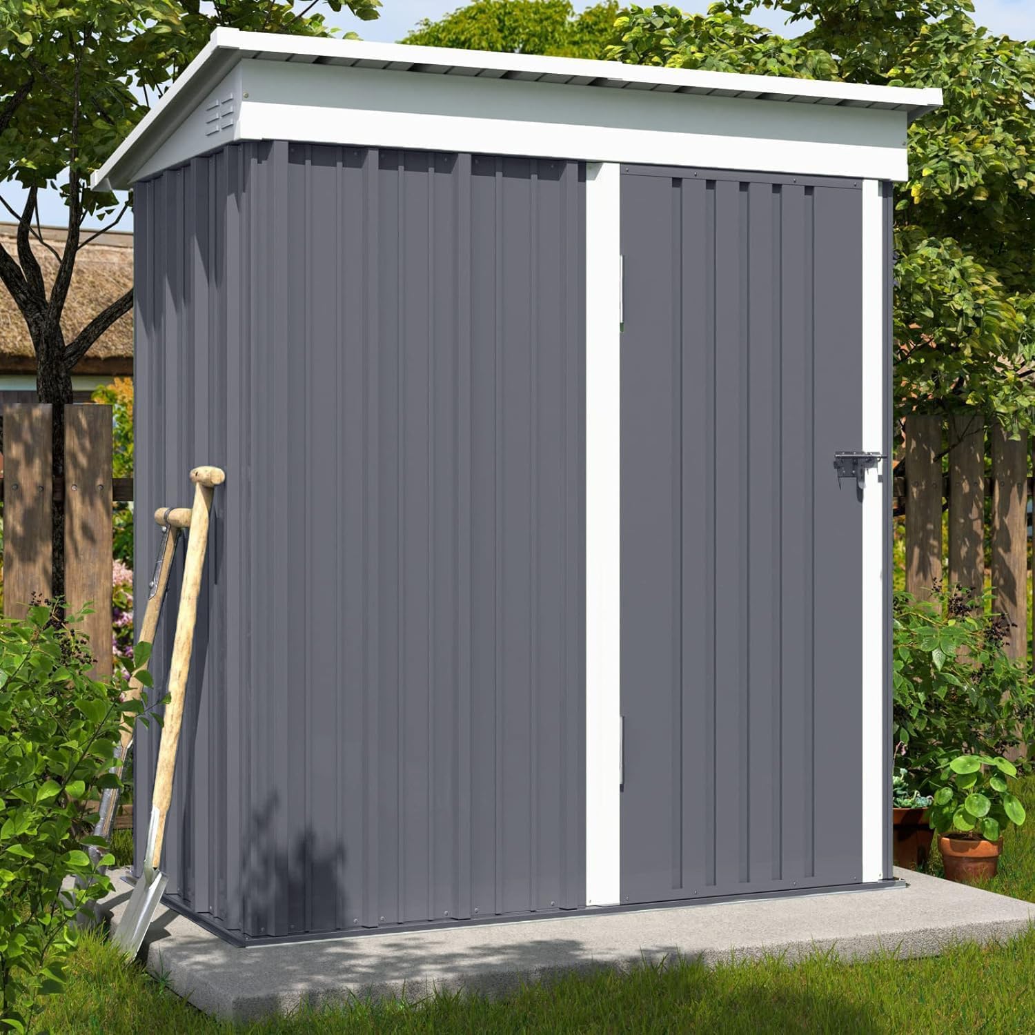 UDPATIO Outdoor Garden Storage Metal Shed 5x3 FT for Firewood,Garbage Can,Tools,Lawnmower,Bike Shed Waterproof Log Store for Backyard Patio,Galvanized Steel with Lockable Door,Light Grey