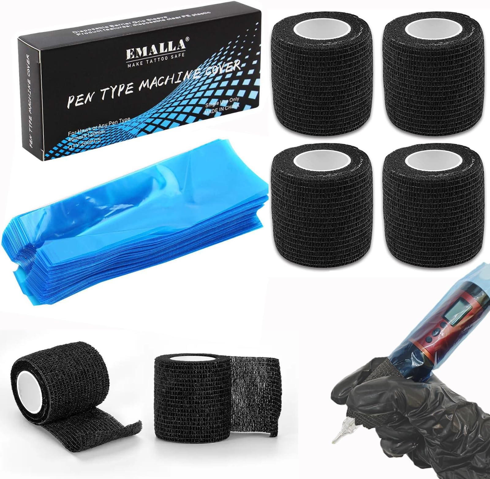 200pcs Machine Covers and 4pcs Grip Tape, Urknall Tattoo Pen Covers Grip Cover Barrier Sleeves Professional Tattoo Supplies