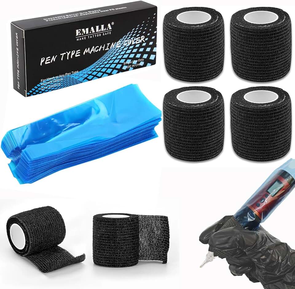 200pcs Machine Covers and 4pcs Grip Tape, Urknall Tattoo Pen Covers Grip Cover Barrier Sleeves Professional Tattoo Supplies