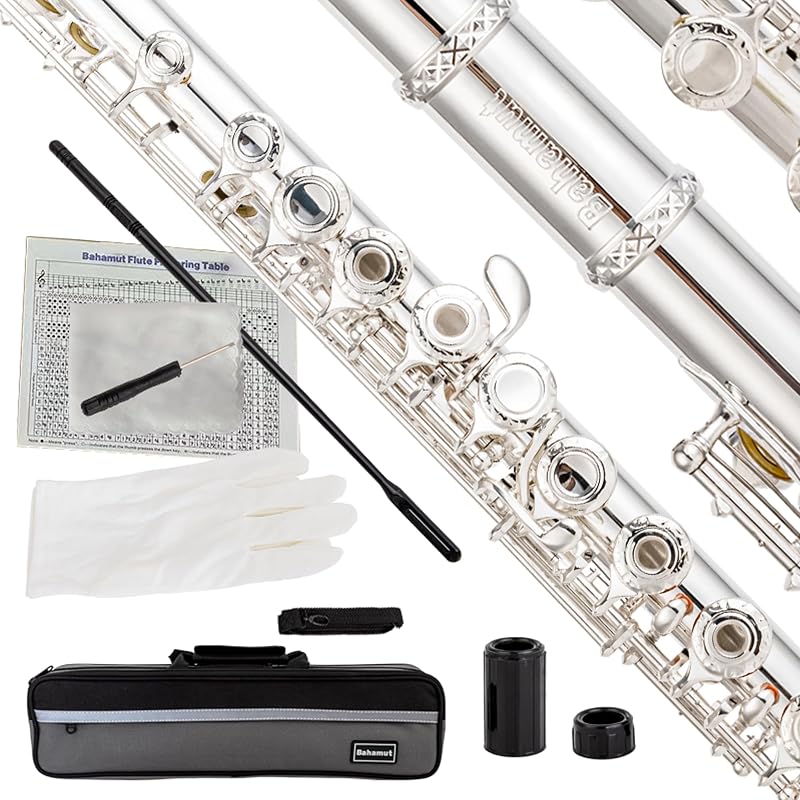 BAHAMUT 17 Key Open Hole Flute Instrument, Silver-Plated Flauta, B Foot | Open-Hole Keys and B Foot Extend Range for Expressive Play; Offset G, Split E; Includes Case, Rod, Gloves, Cloth