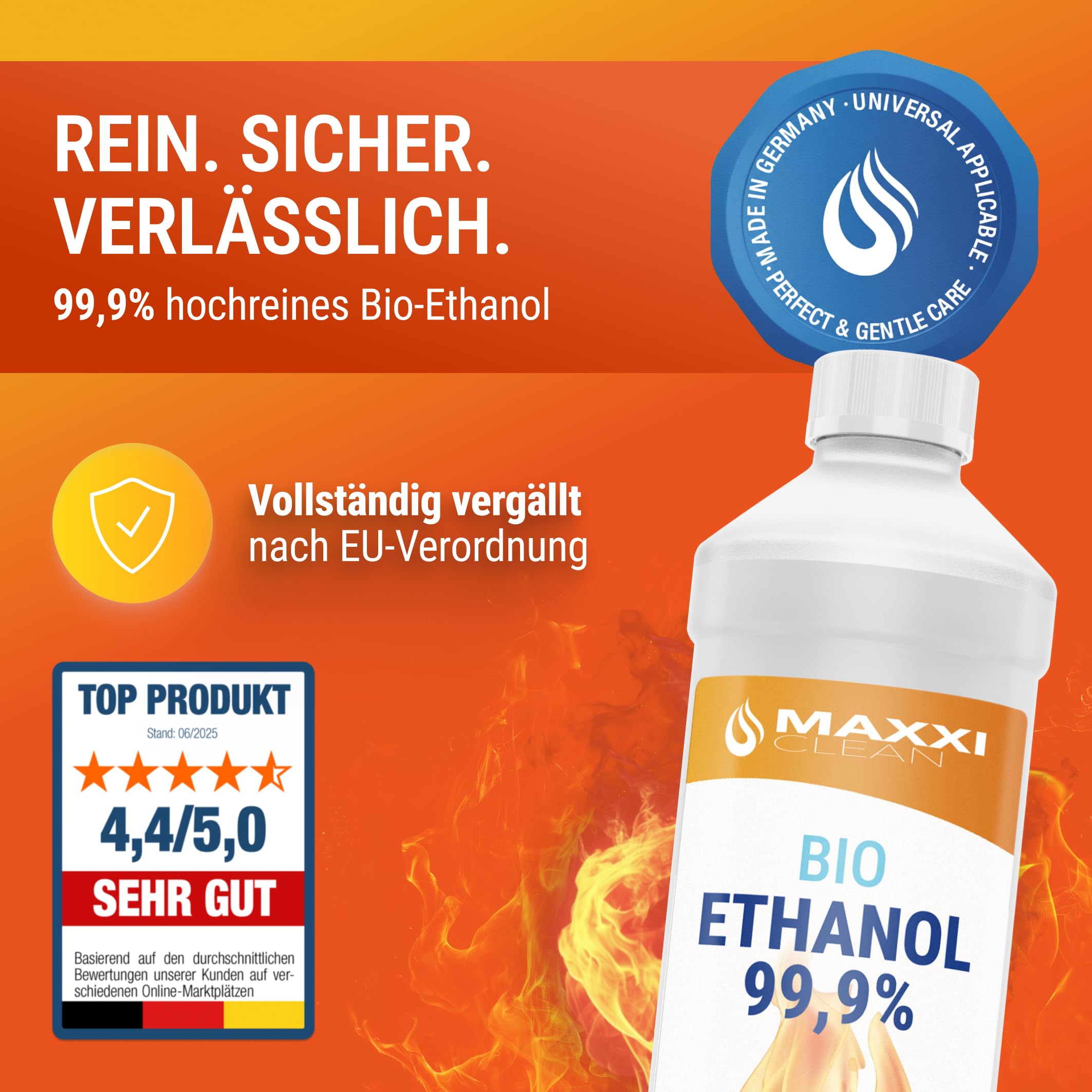 Maxxi Clean 6 x 750 ml bioetanolu do kominków stołowych, wyprodukowano w Niemczech, bezzapachowy i bez sadzy, do kominków etanolowych w pomieszczeniach i na zewnątrz, nadaje się do kominków pokojowych