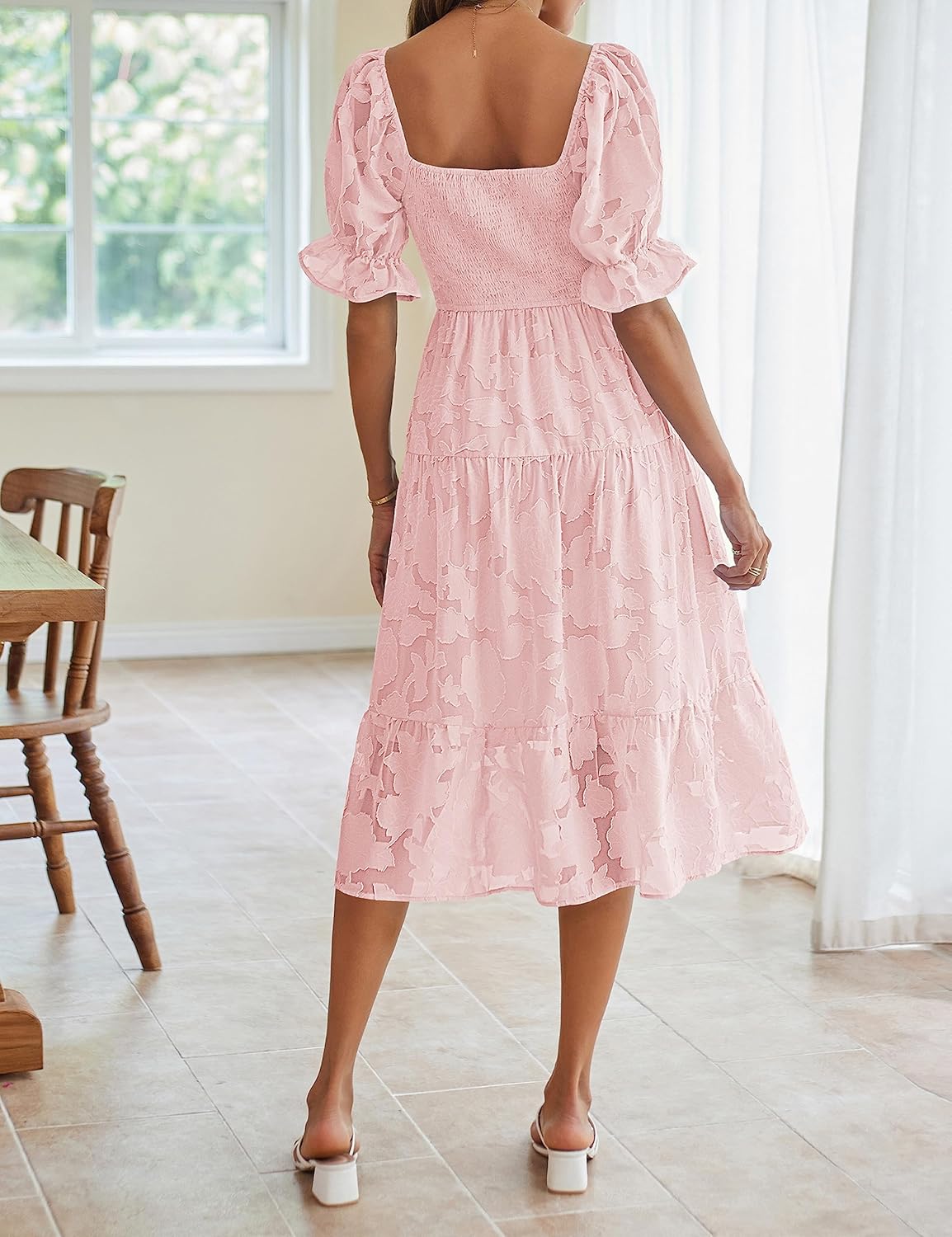 MEROKEETY Womens 2025 Summer Short Puff Sleeve Smocked Square Neck Floral Textured Tiered Midi Dress - Image 3