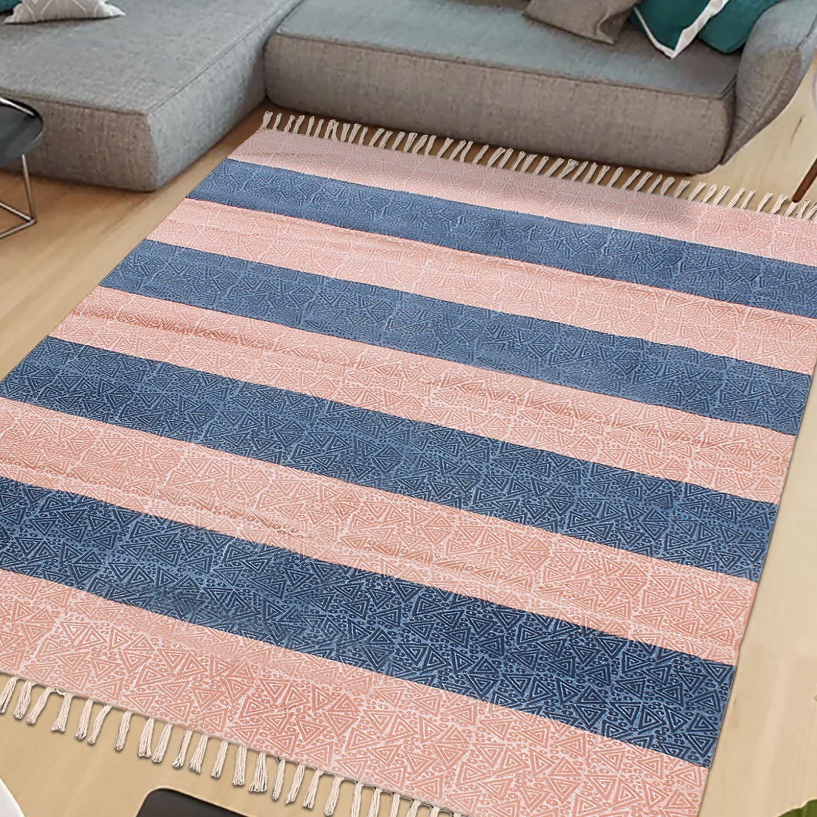 Kelim Teppich, quadratisch, handbedruckt, Baumwolle, Dhurrie, rosa und blau, gestreiftes Design, Handwäsche, 0,5 cm dick, handgefertigt, Boho, für drinnen und draußen, Flachgewebe, Teppiche für Flur