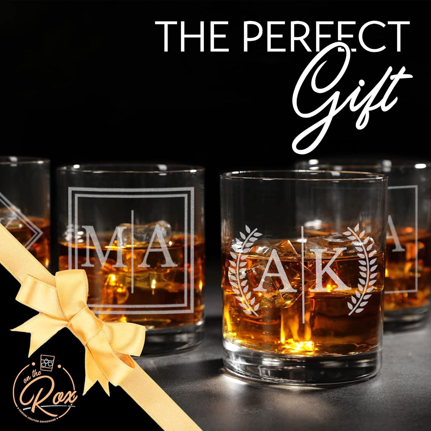 On The Rox Personalized Whiskey Gifts for Men - 11 oz Engraved Split Monogrammed Whiskey Glass Set of 4 - Customized Cocktail Glass - Bourbon, Scotch, Rocks, Brandy Drinks