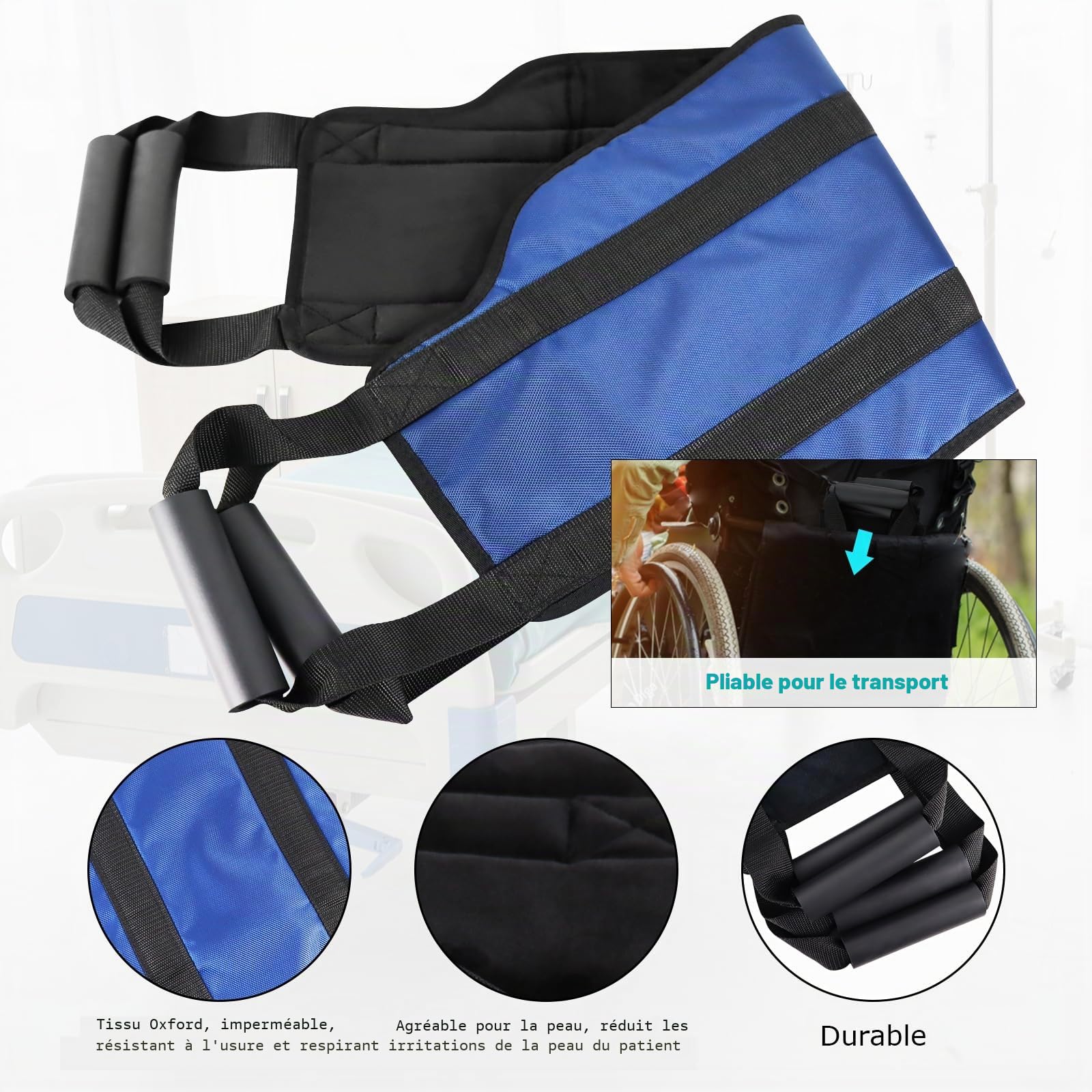 LOSCHEN Sangle de transfert de 110 cm, pour personnes handicapées, personnes âgées, gériatriques, blessées, en toute sécurité, en voiture, fauteuil roulant, lit (bleu, extra large)
