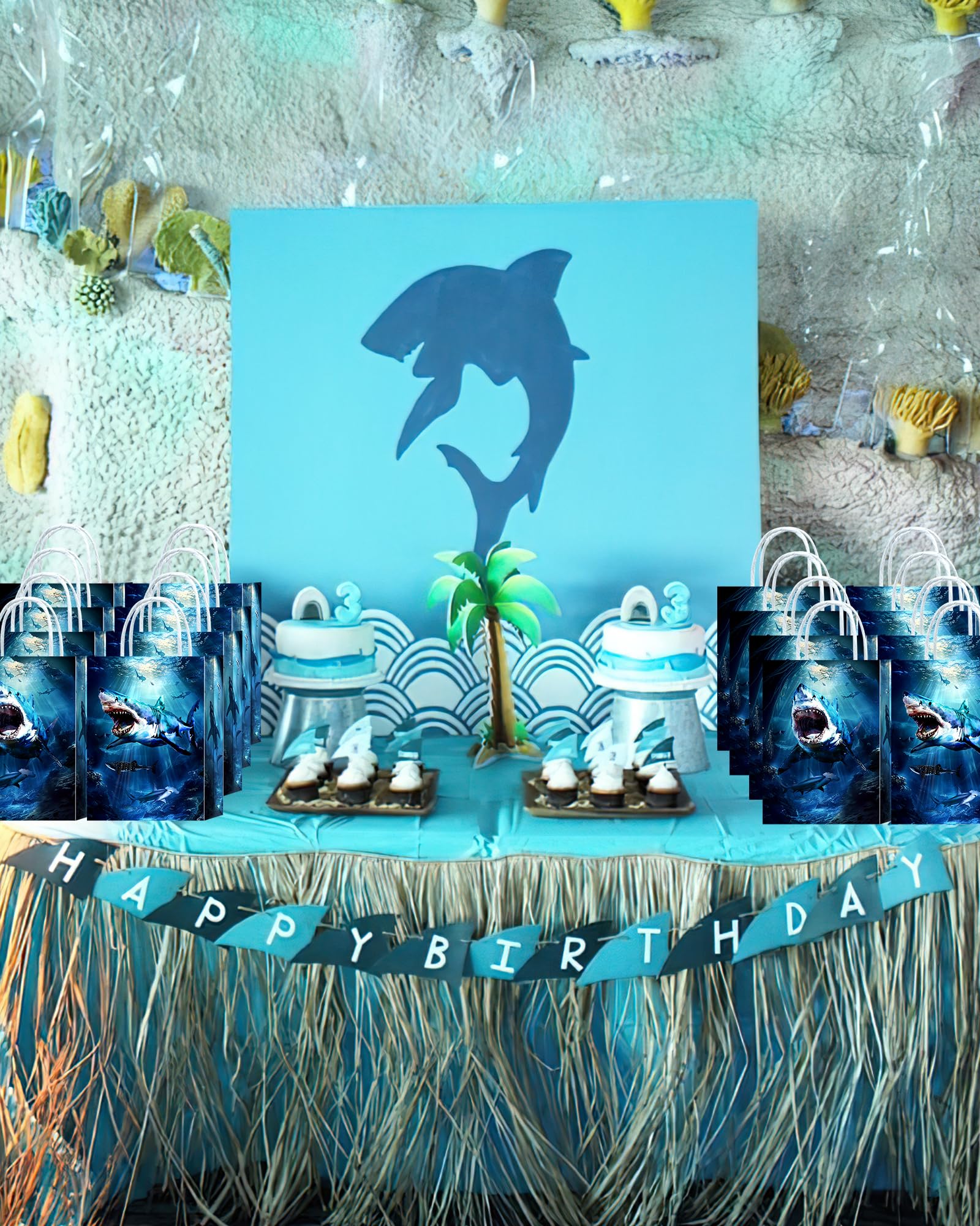 Tyndallrays 16 Pieces Shark Goodie Bags for Ocean Sea Shark Birthday Party Supplies,Shark Gift Snacks Treat Candy Party Favors Bags for Kids Adults