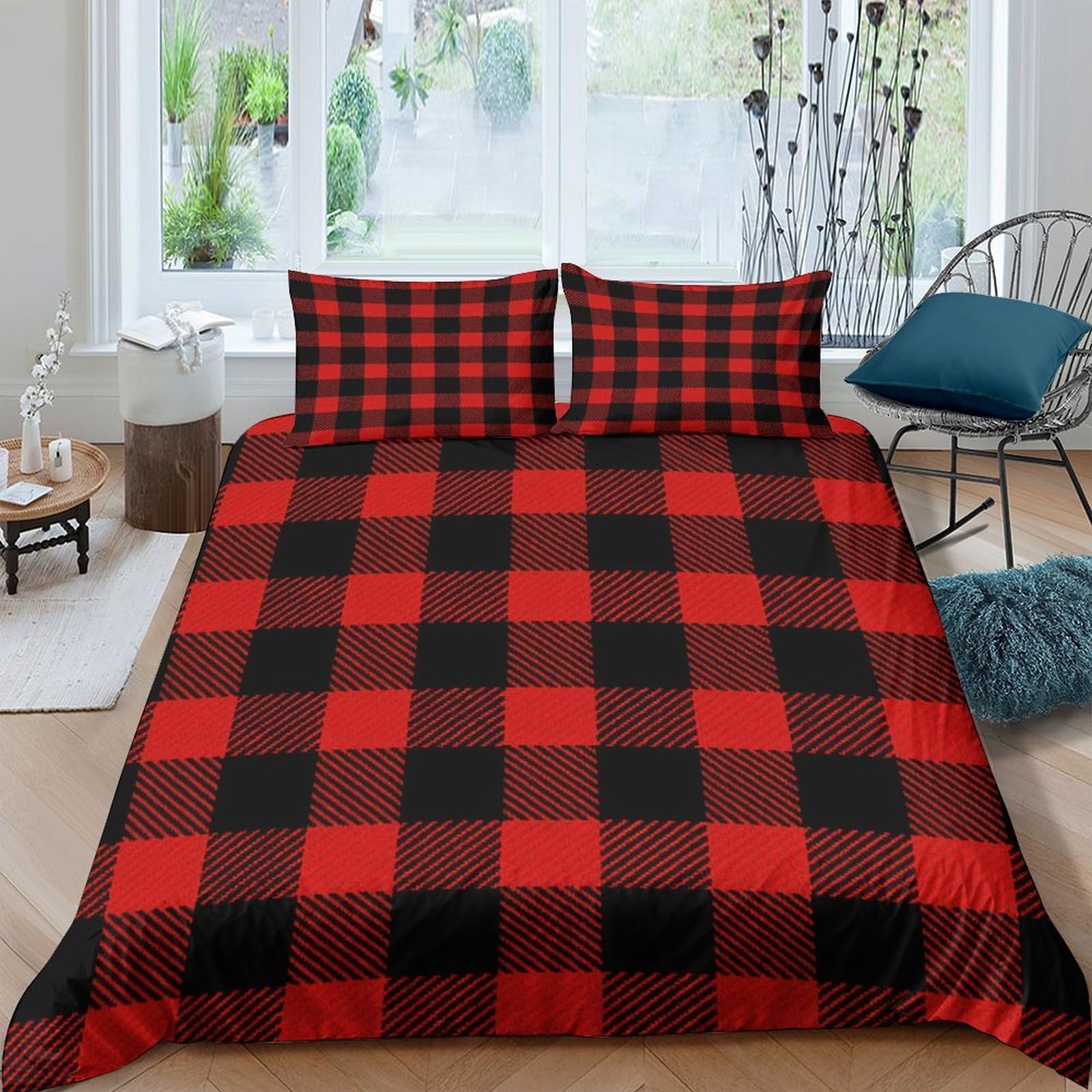 GPLZQXKJNH 3D Printed Red Black Plaid Duvet Cover Microfiber Soft Breathable Buffalo Check Bedding Set with 2 Pillowcases for Bedroom Decor Single（135x200cm）