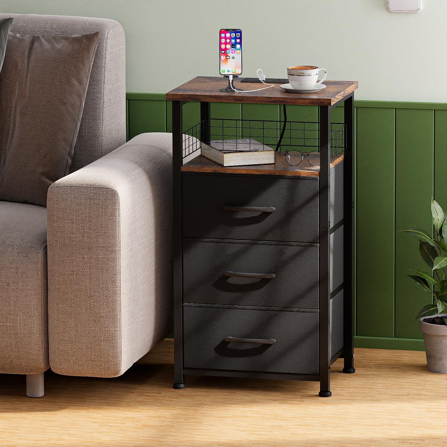 Night Stand Set 2 with Charging Station, End Table Set of 2 with 20 Colors LED Light Strip, 3 Fabric Drawers, Bedside Table with USB Ports and Outlets for Bedroom (Rustic Brown)