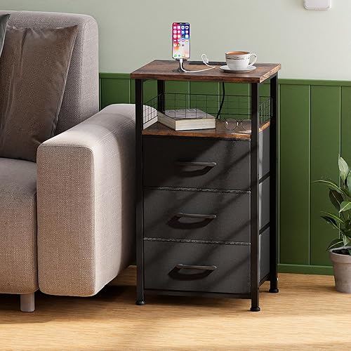 Miniatura 26 de Juego de 2 mesitas de noche con estación de carga, juego de 2 con tira de luz LED de 20 colores, 3 cajones de tela, mesita de noche con puertos USB