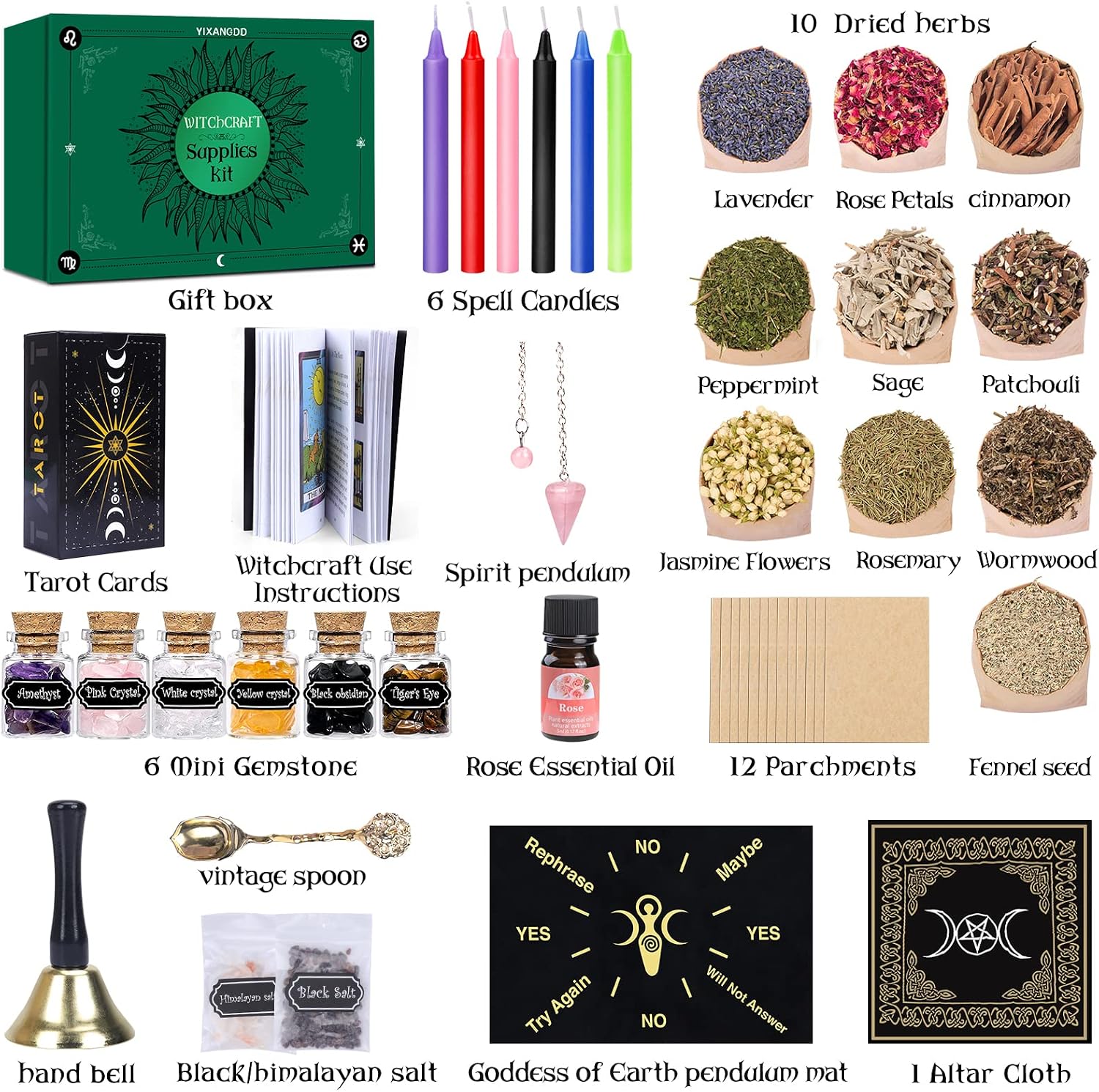 YixangDD Witchcraft Supplies Kits -Witch Stuff Spell kit with Tarot Cards,Witchcraft Herbs，Mini Crystal Spell Jars, Crystal Pendulums,Parchments ，for Beginners and Experienced Witches
