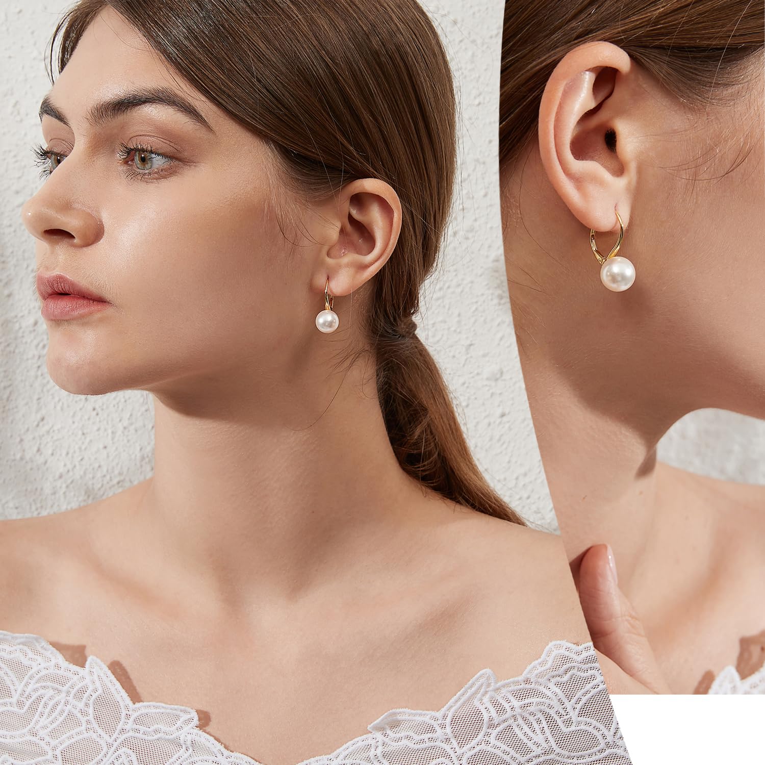 Jiamiaoi Pendientes Perlas Colgante De Plata 925, 10mm Perla Cultivadas Y Chapado En Oro Blanco De 18k Para Mujer Joyeria