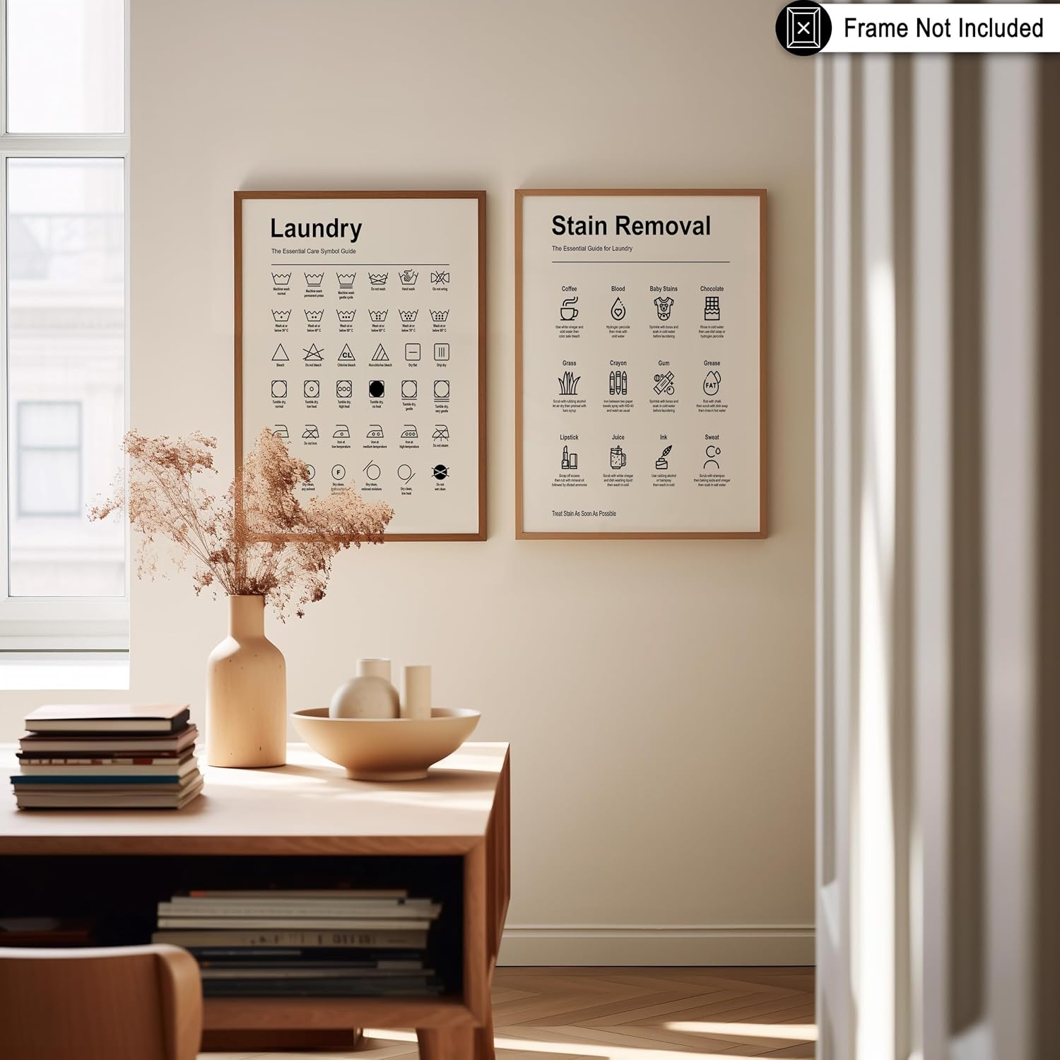 Poster Master 2-Piece Essential Guide for Laundry Print - Stain Removal Poster - Infographic Art - Black & White Design - Symbols & Instructions Art - Laundry Room Decor - 18x24 UNFRAMED Wall Art