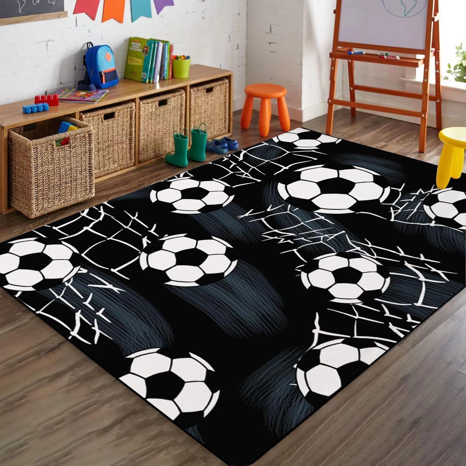 Bycmuoz 3d Black White Soccer Rugs for Kids, 180x230cm, Black Sports Football Home Decor Mat, Fade Resistant Absorbent Bathroom Mat, Foldable Non-Shedding Washable Carpets for Living Room