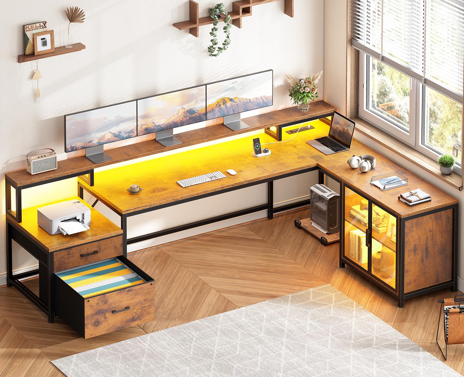 SEDETA 78.7” Large L Shaped Desk with Storage Drawers, Office Desk with File Drawer and Display Cabinet, L Shaped Gaming Desk with Storage, Power Outlet and LED Lights for Home Office, Rustic Brown. INCOMPLETE 