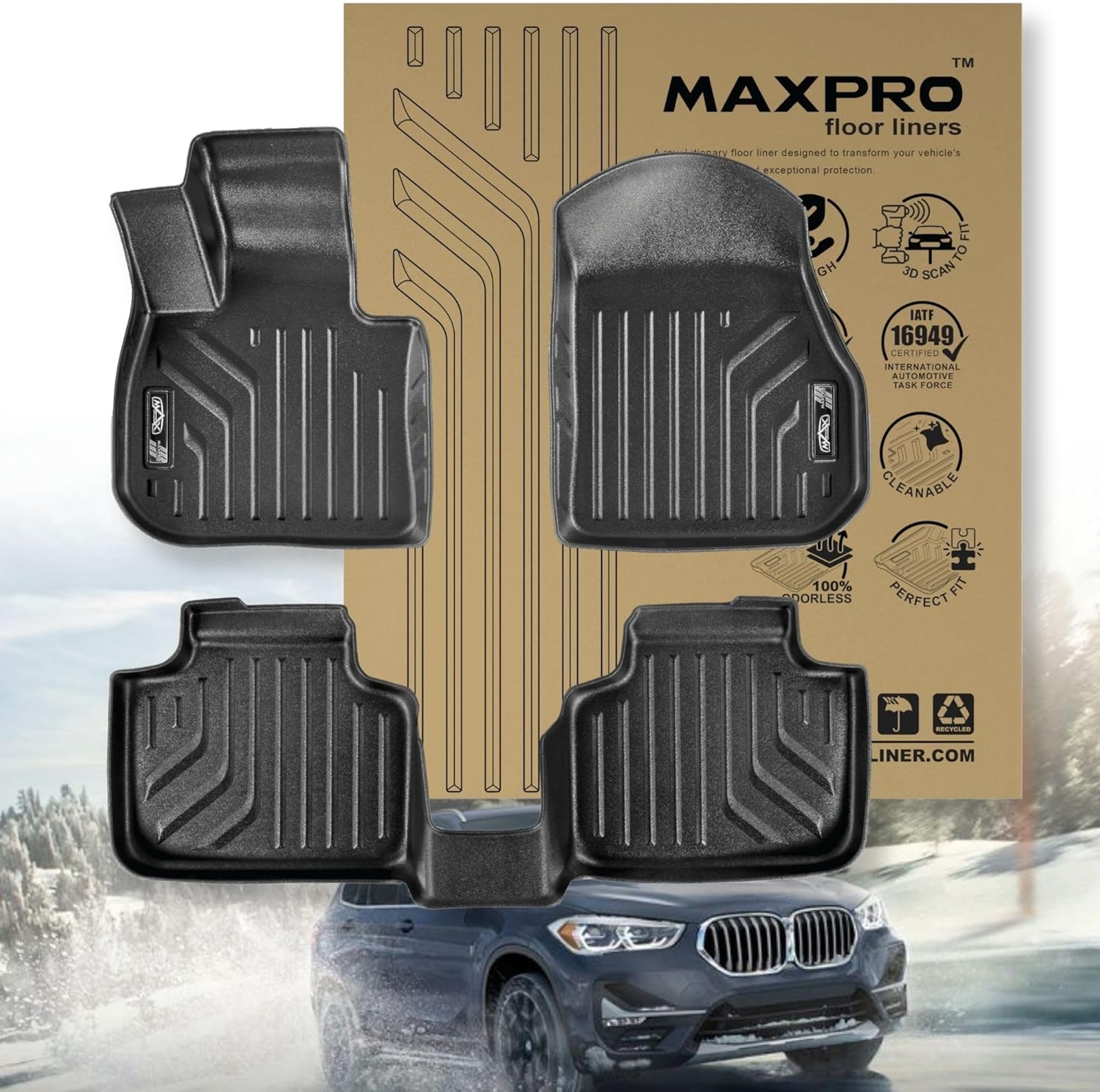 Premium MAXPRO Floor Mats for 2019-2023 BMW X1 1st&2nd Row Complete Set All Weather Mat Waterproof TPE Floor Liners Custom Fit Automotive Floor Mats BMW X1 Accessories Car Mats Full Set SUV Protection