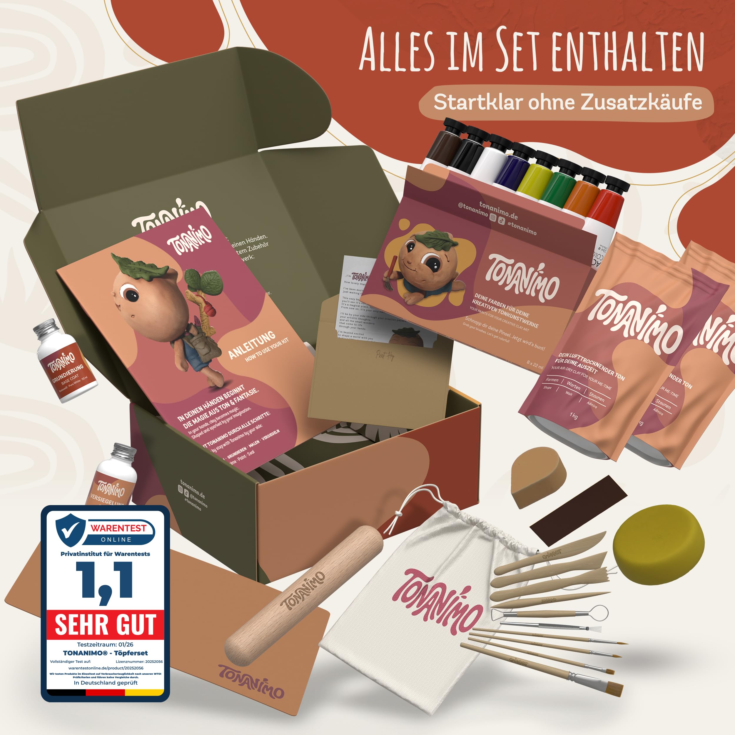Dein Töpferset für Zuhause – DIY Set mit 2 kg lufttrocknendem Ton & Anleitung | Kreativ Set für Erwachsene & die ganze Familie – kein Brennofen nötig | Geschenkidee für unvergessliche Momente