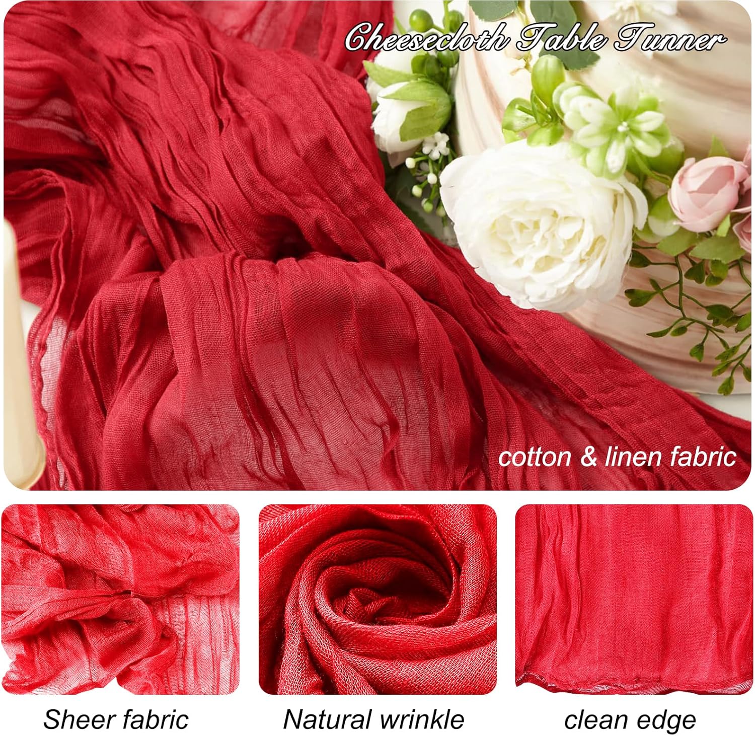 8 pack 10ft red cheesecloth table runner 35x120 inch boho gauze cheese clothstable runners long wrinkled sheer romantic table runner for wedding bridal shower birthday party table decor 35"x120"-red 8
