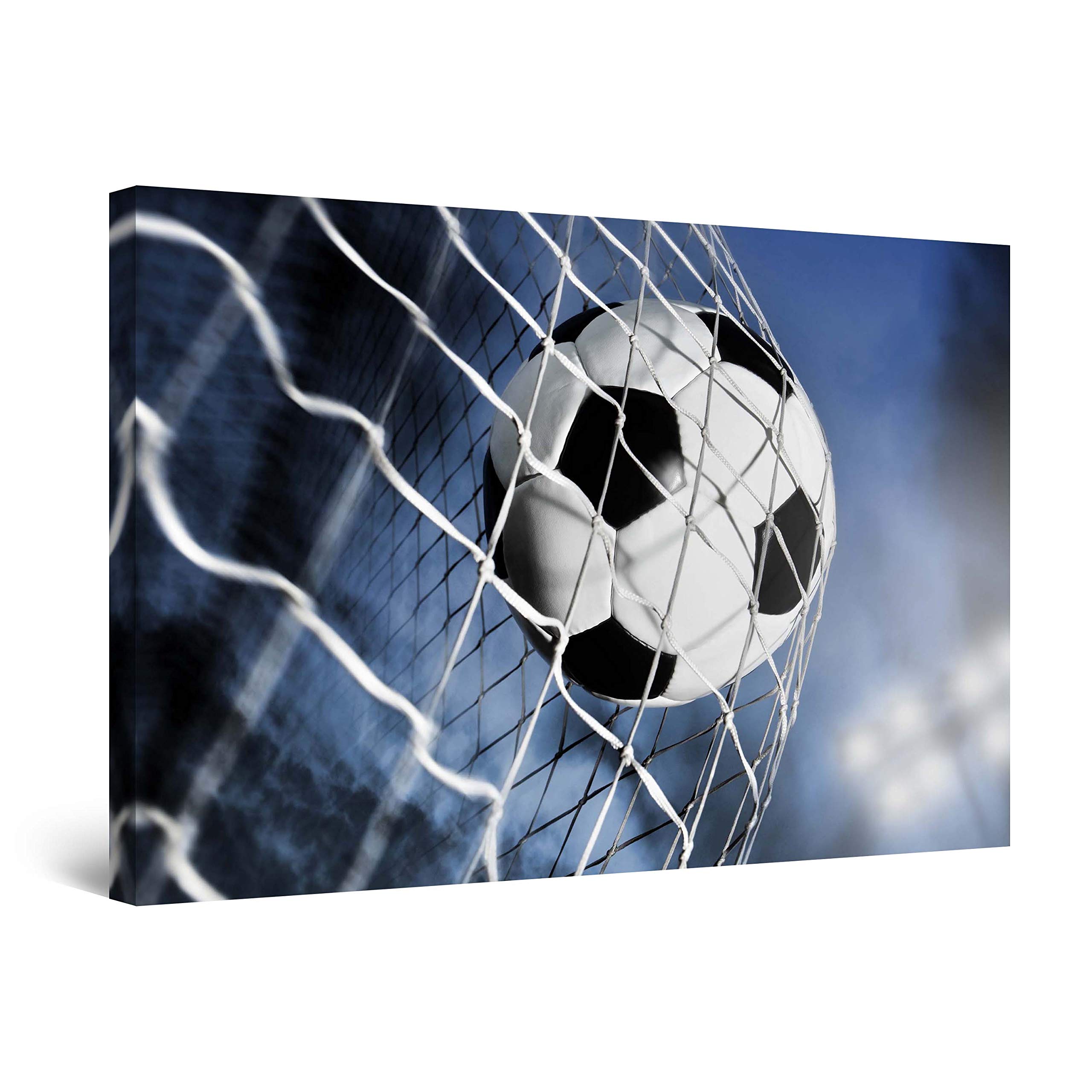 Startonight Wall Art Canvas Soccer Ball, Sports Picture Ball Net Blue Sky Football Photo for Bedroom Framed 24 x 36 Inches