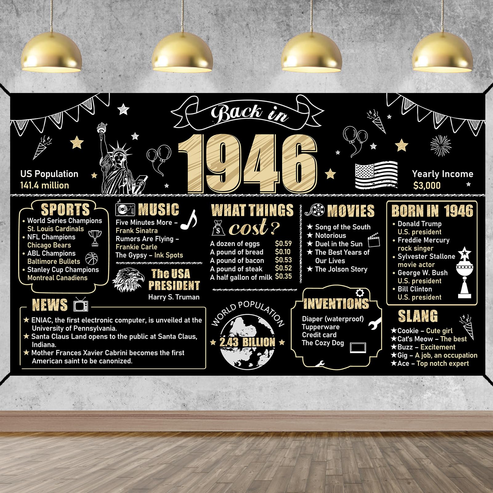 Large 80th Birthday Back in 1946 Banner Backdrop Decorations for Women Men, Black Gold Happy 80 Birthday Sign Party Supplies, Eighty Year Old Bday