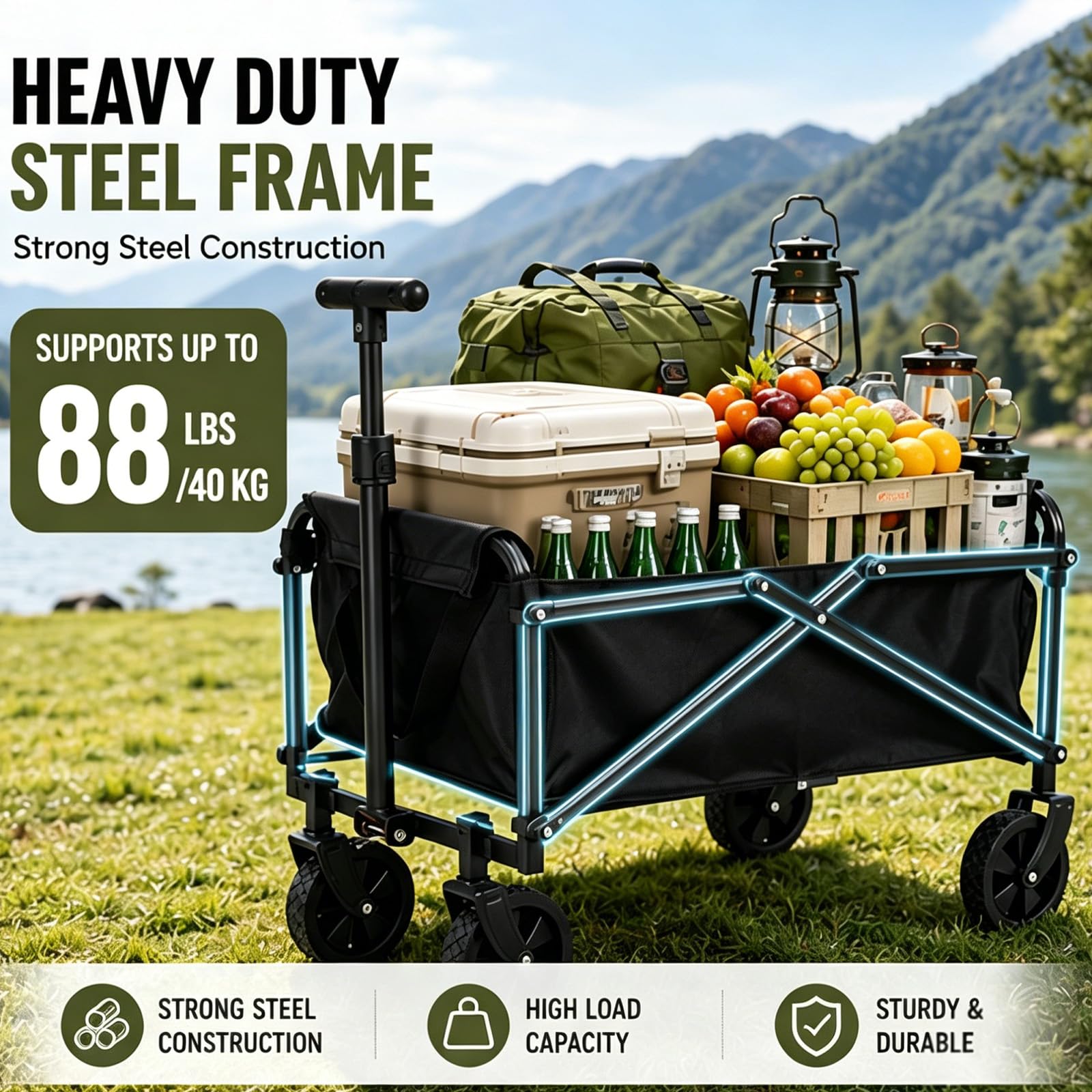 Chariot de Transport Pliable léger et Compact - Charge maximale : 50 kg - avec poignée réglable - Peu encombrant - pour Le Shopping, Le Camping, la Plage, Les Excursions - Tissu Oxford - Noir - Mini