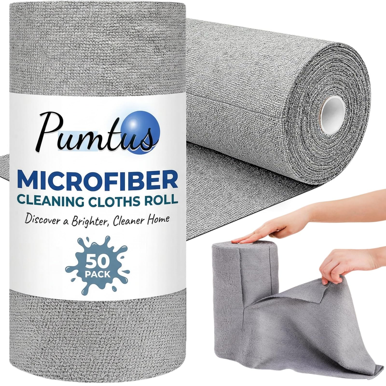 Pumtus 50 Pack Microfiber Cleaning Cloth Roll, 12 x 12 Inch Reusable Tear Away Towels, All-Purpose Absorbent Rags, Lint Free Dusting Cloth, Washable Shop Rags for Car, Bathroom, Kitchen, Window