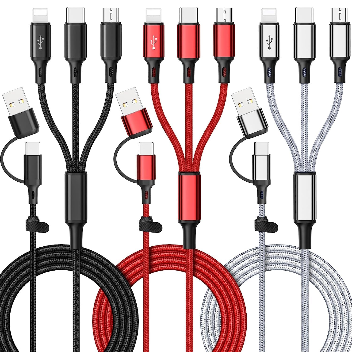 iMoway Multi-Data Cable (3-Pack, 4 feet) 6 in 1, Nylon Braided Fast Charging Cord USB Cable